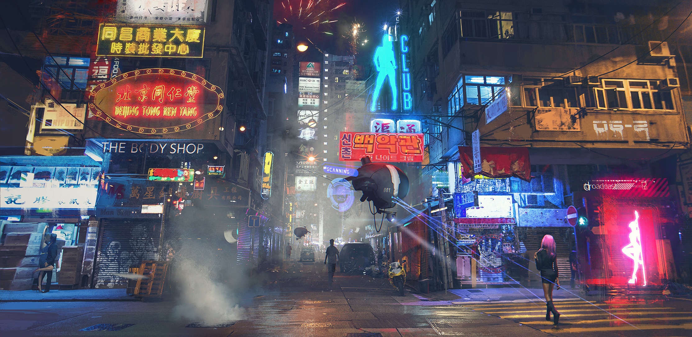 Cyberpunk City Street with Neon Signs and Drones HD Wallpaper