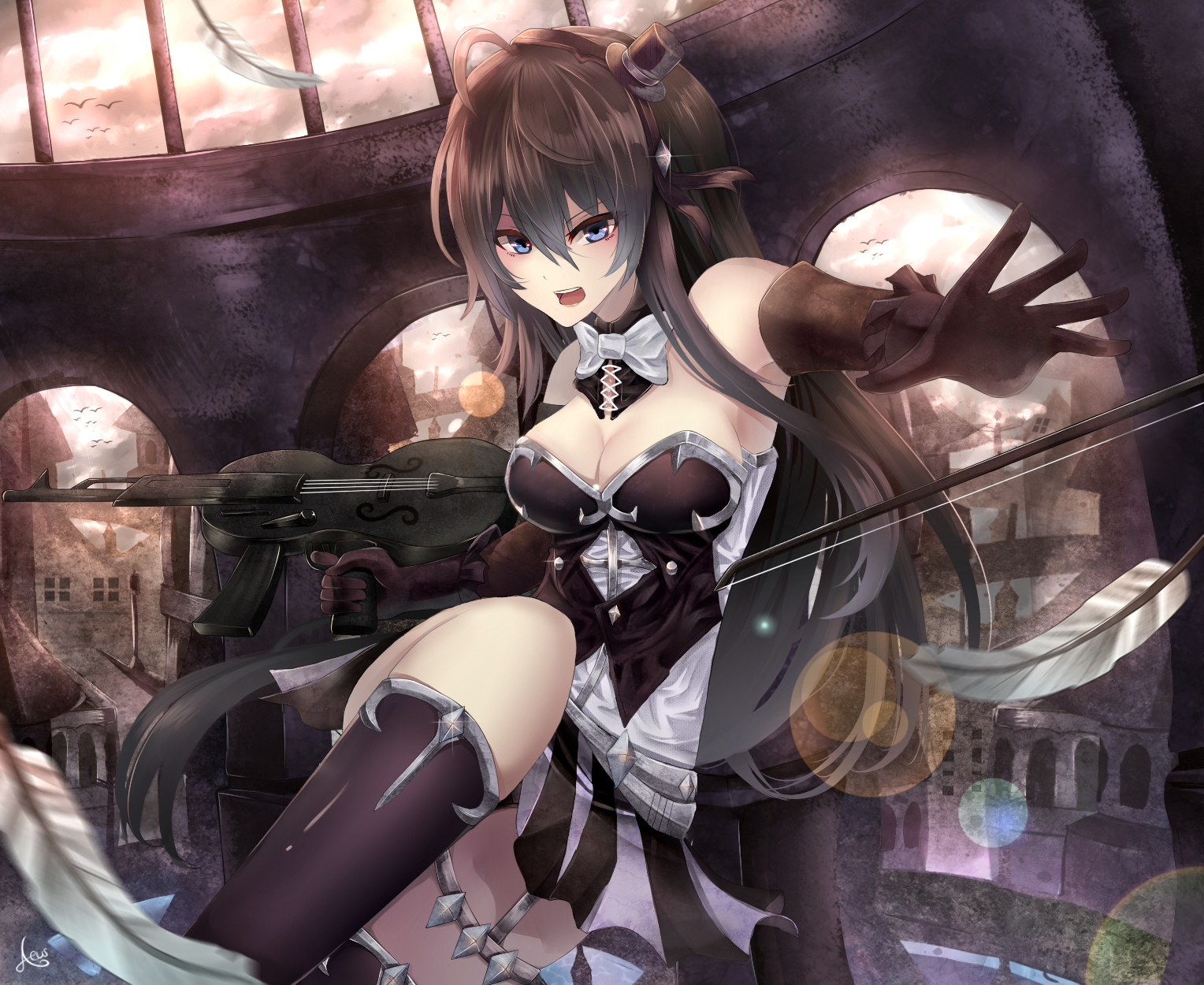 Anime girl with violin gun and feathers HD Wallpaper