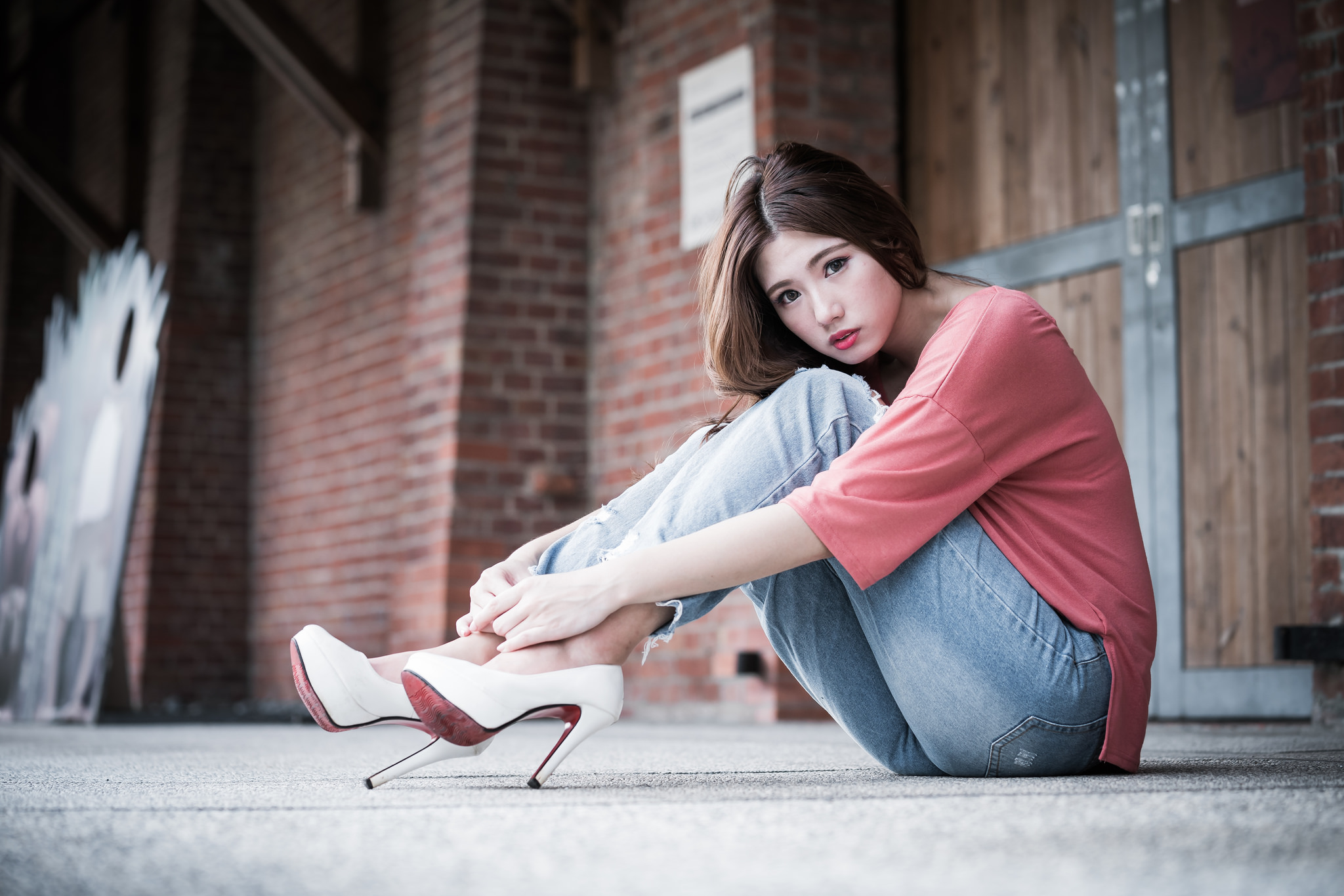 sitting, Asian, jeans, portrait, high heels, women HD Wallpaper