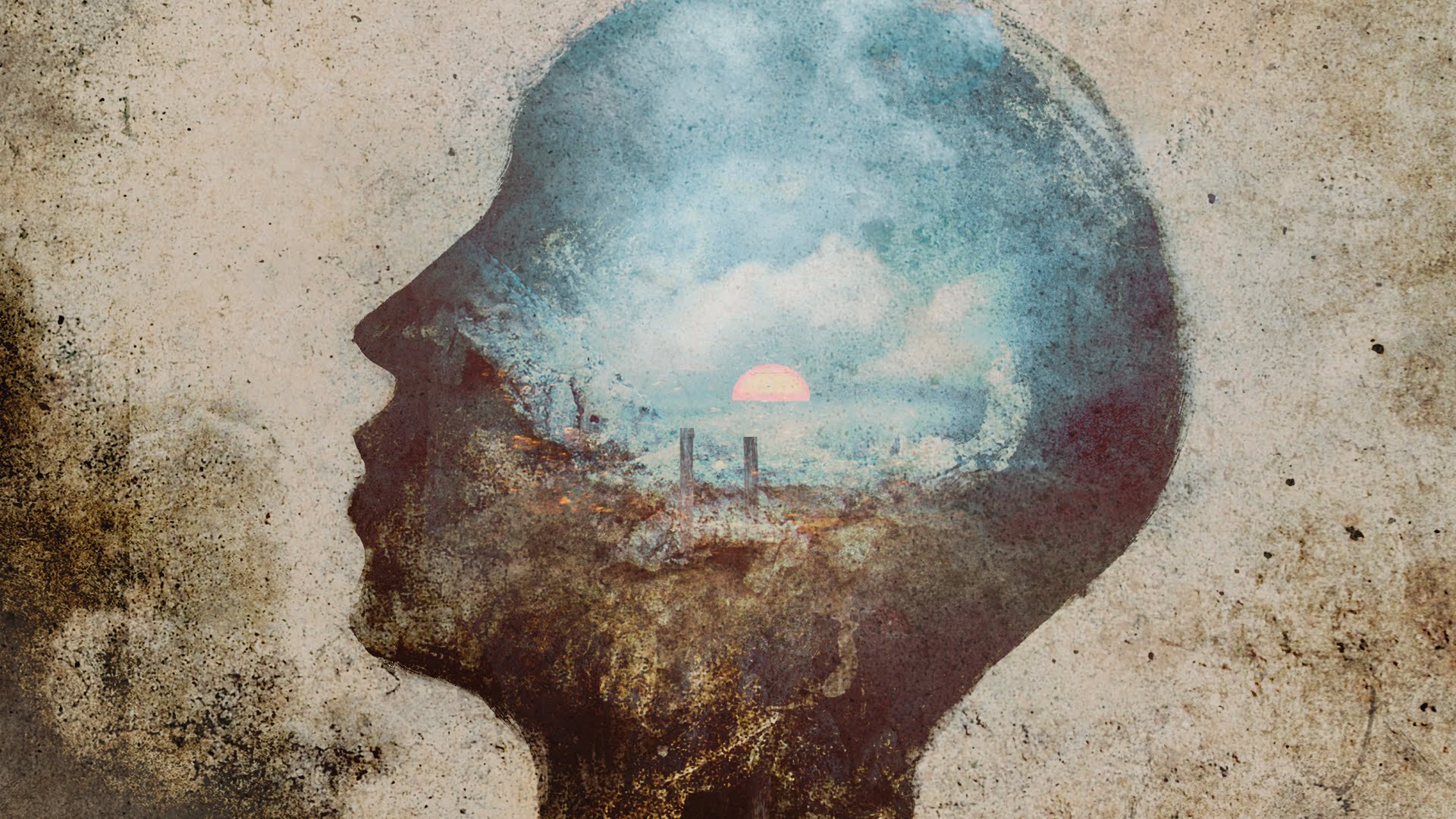 Double exposure of a human head silhouette with a landscape HD Wallpaper