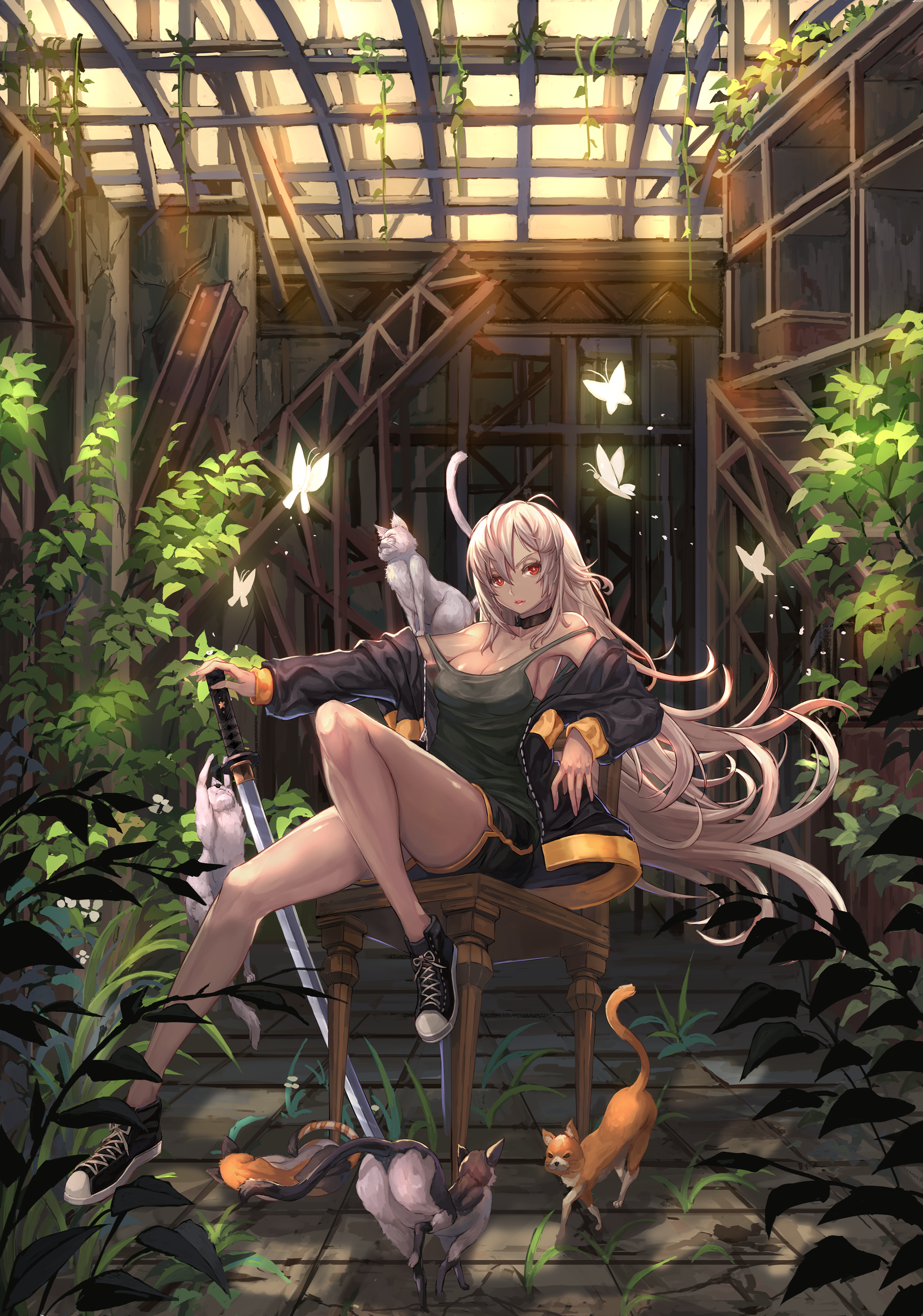 Woman with white hair and sword with cats in ruins HD Wallpaper