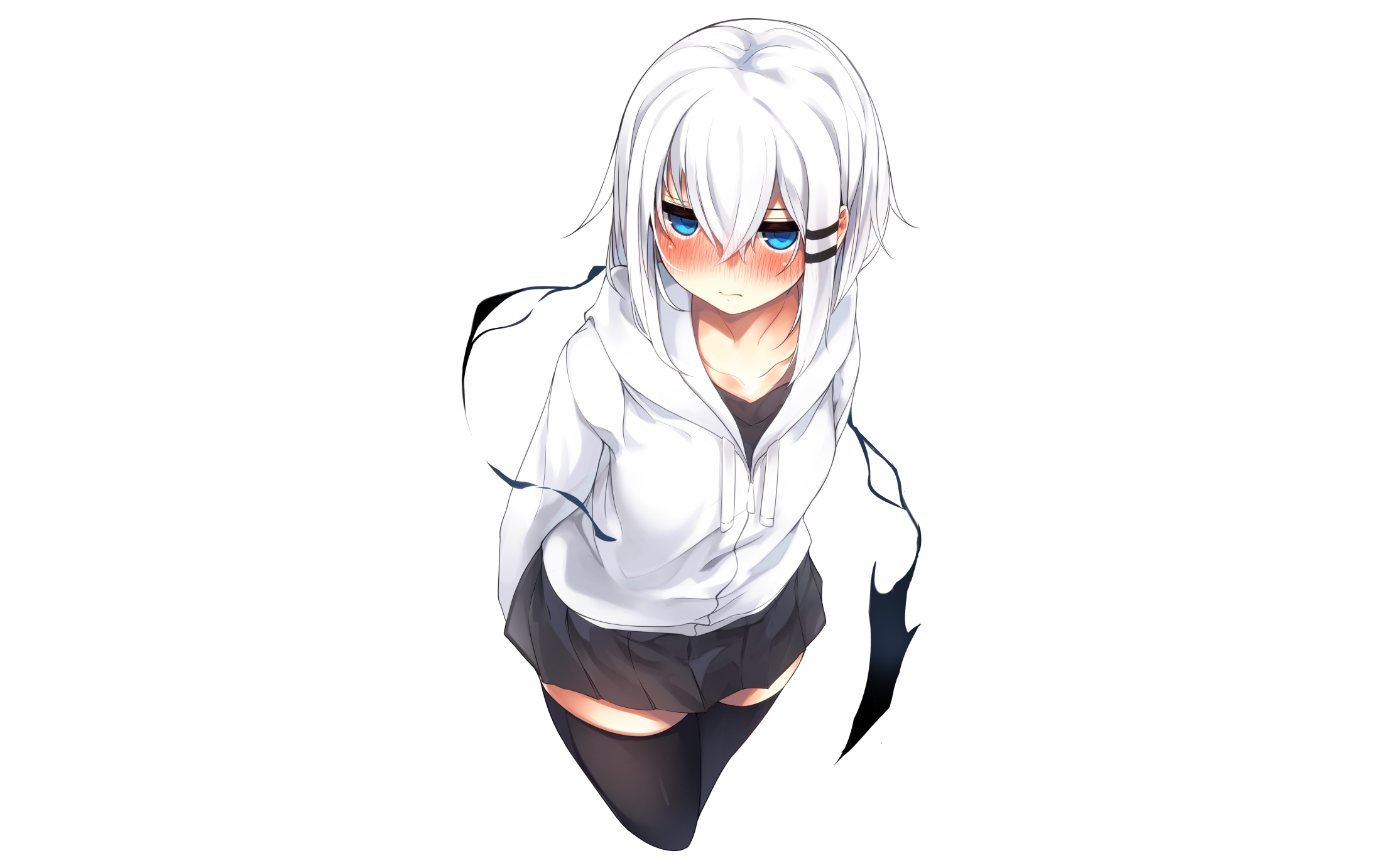 skirt, white clothing, white hair, thigh-highs, headdress, aqua eyes, hoods, short hair, ringo-chan (otokuyou), blushing HD Wallpaper