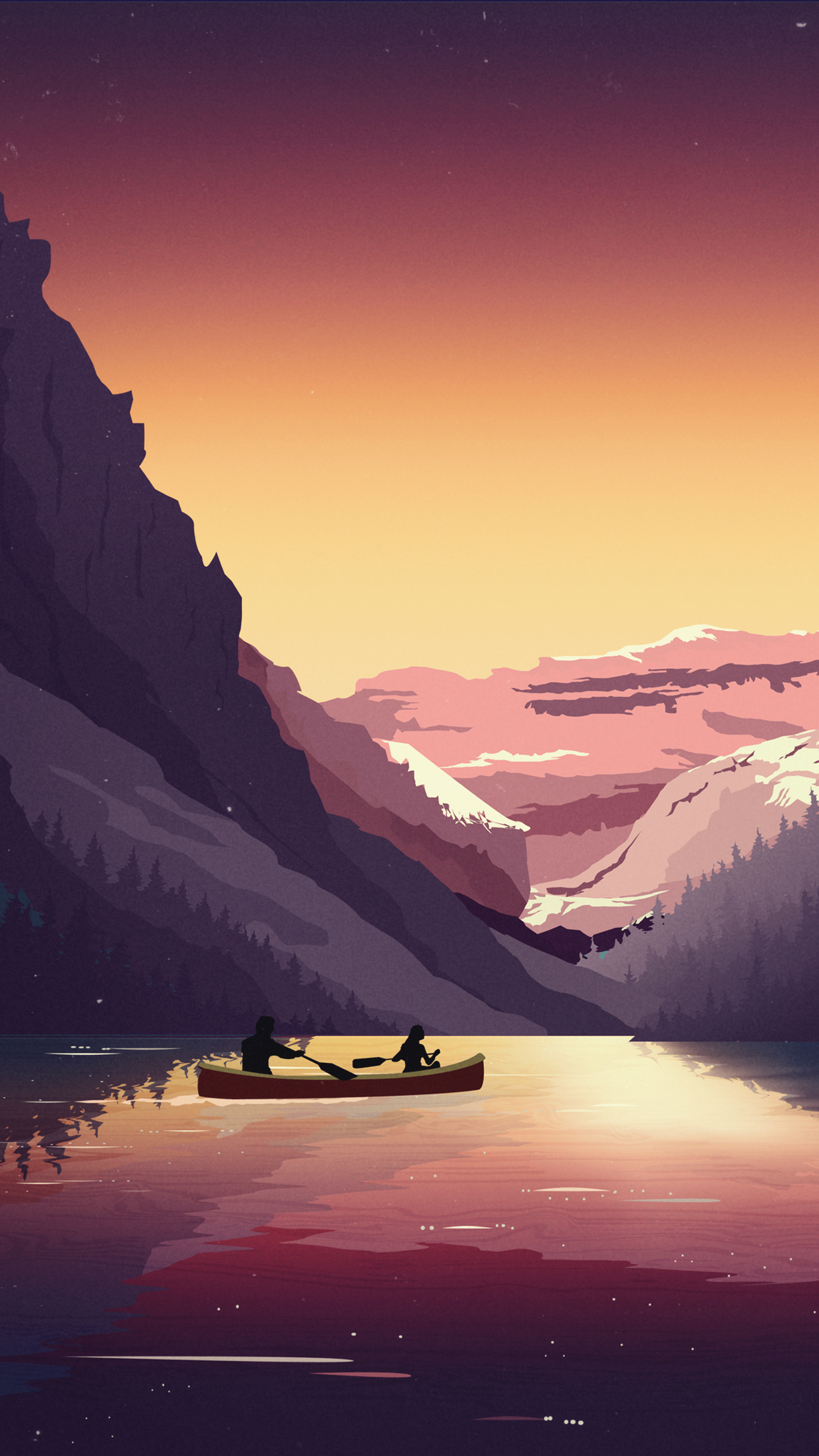 Two people in a canoe on a lake at sunset with mountains HD Wallpaper
