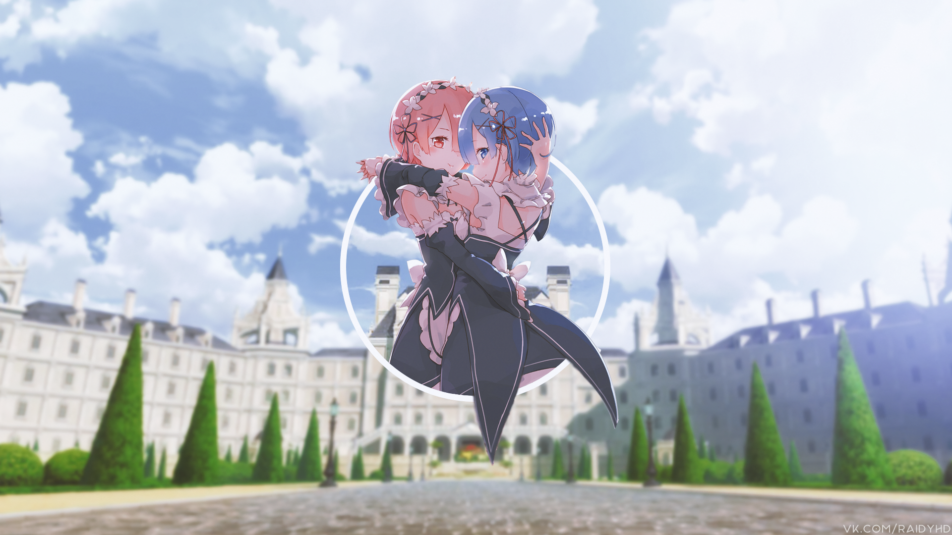 Rem and Ram from Re:Zero in front of a mansion HD Wallpaper