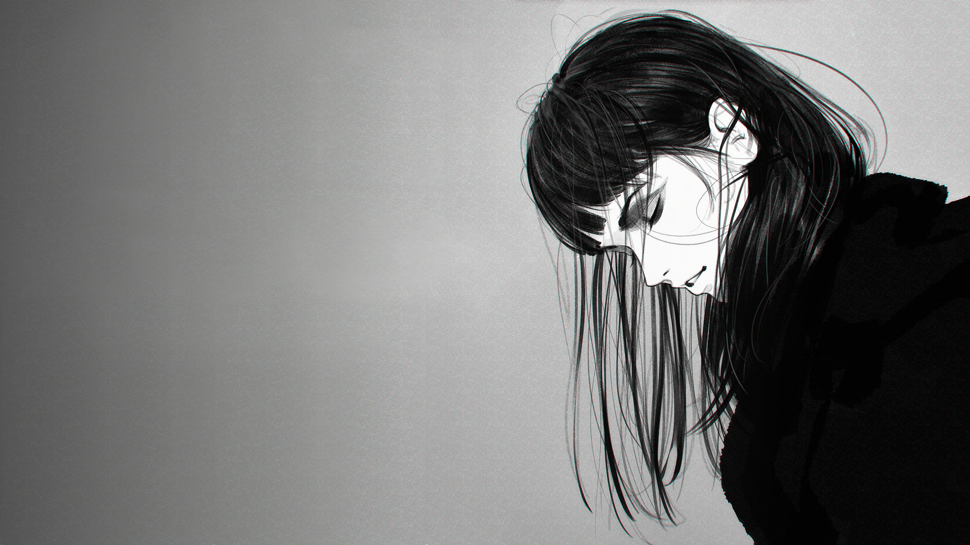 Monochrome artwork of a girl by Ilya Kuvshinov HD Wallpaper