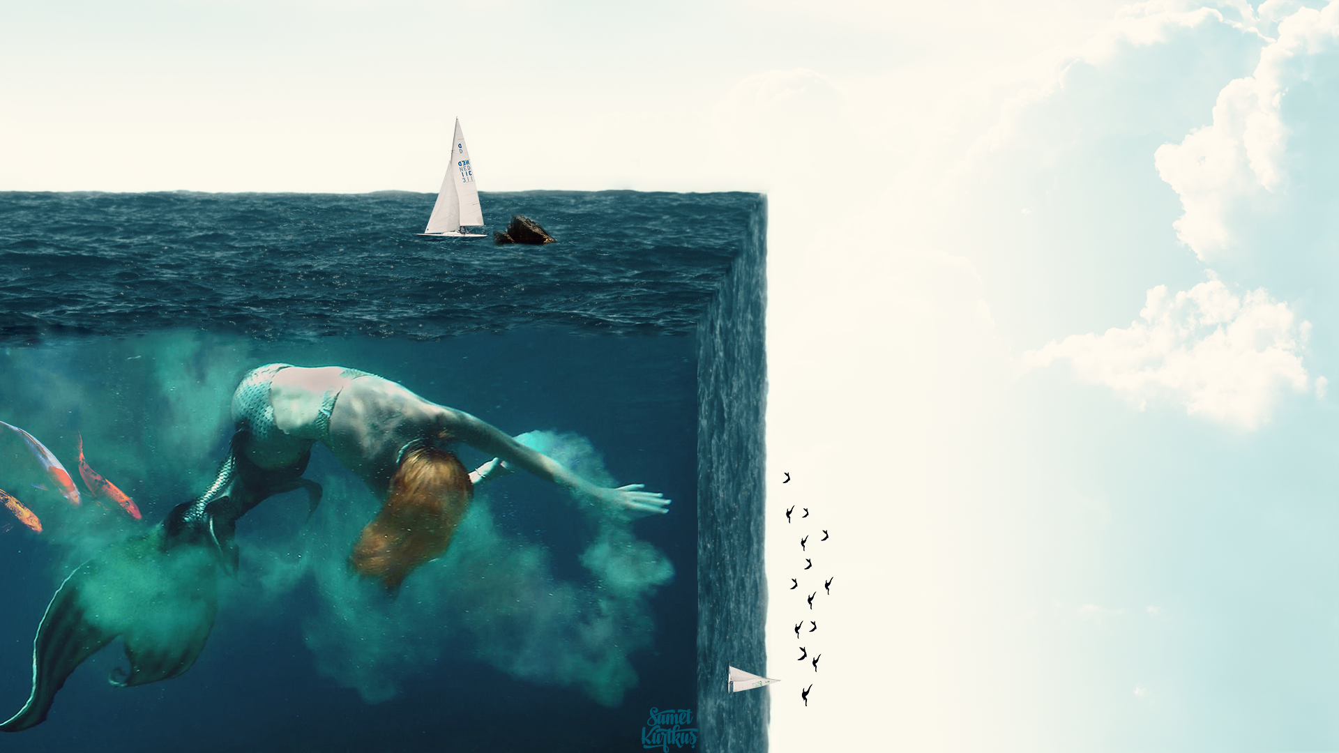Mermaid swimming underwater near a cube of water with a sailboat HD Wallpaper