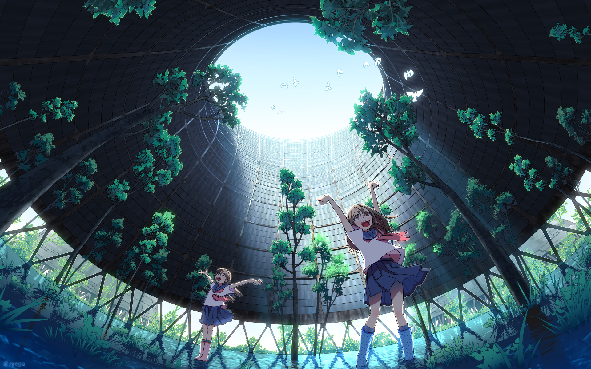 Anime girls in school uniforms in a flooded building with trees HD Wallpaper