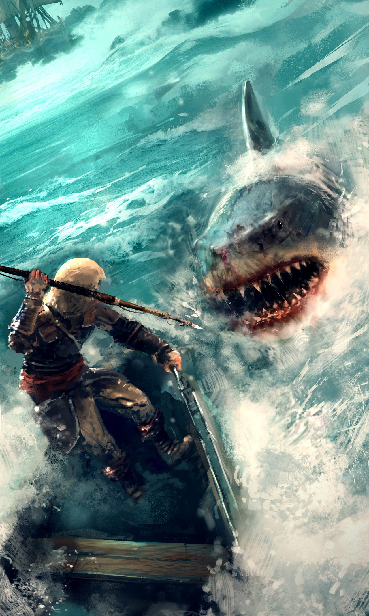 Edward Kenway from Assassin's Creed hunting a shark HD Wallpaper