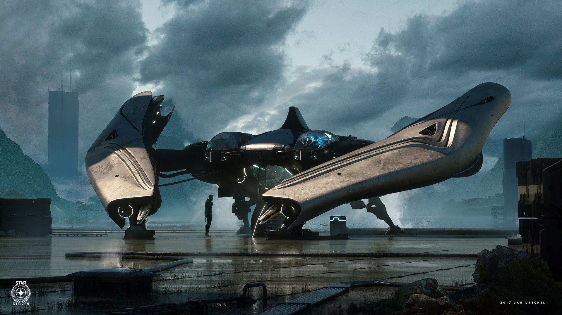 Spaceship on a landing pad with futuristic city in background HD Wallpaper