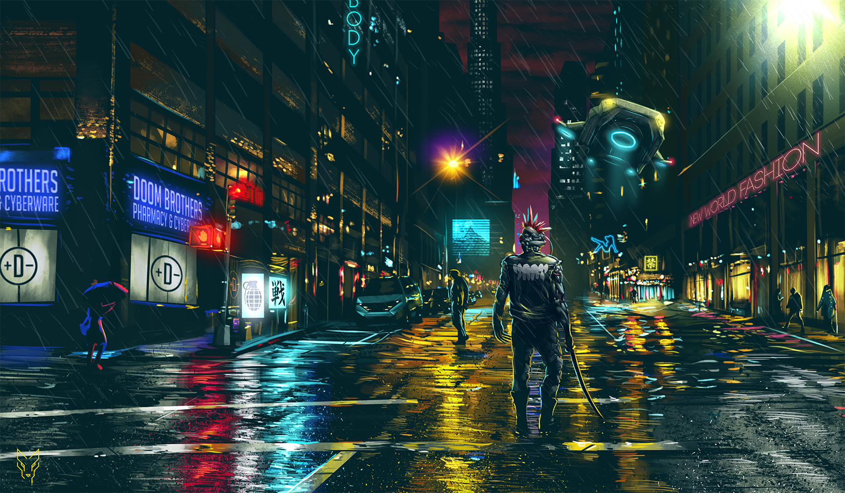 Cyberpunk Cityscape at Night with Rain HD Wallpaper