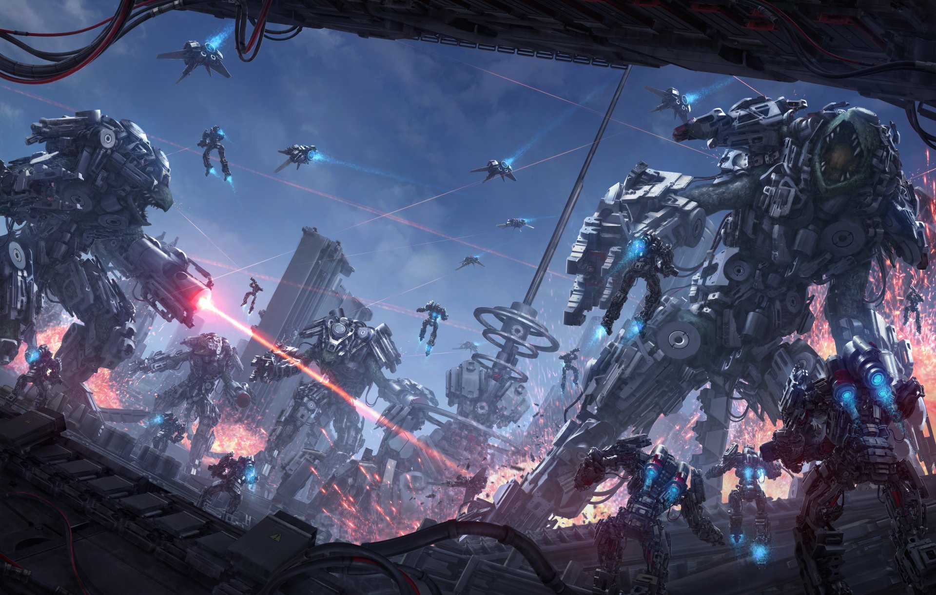 Giant mechs and soldiers in a futuristic war HD Wallpaper