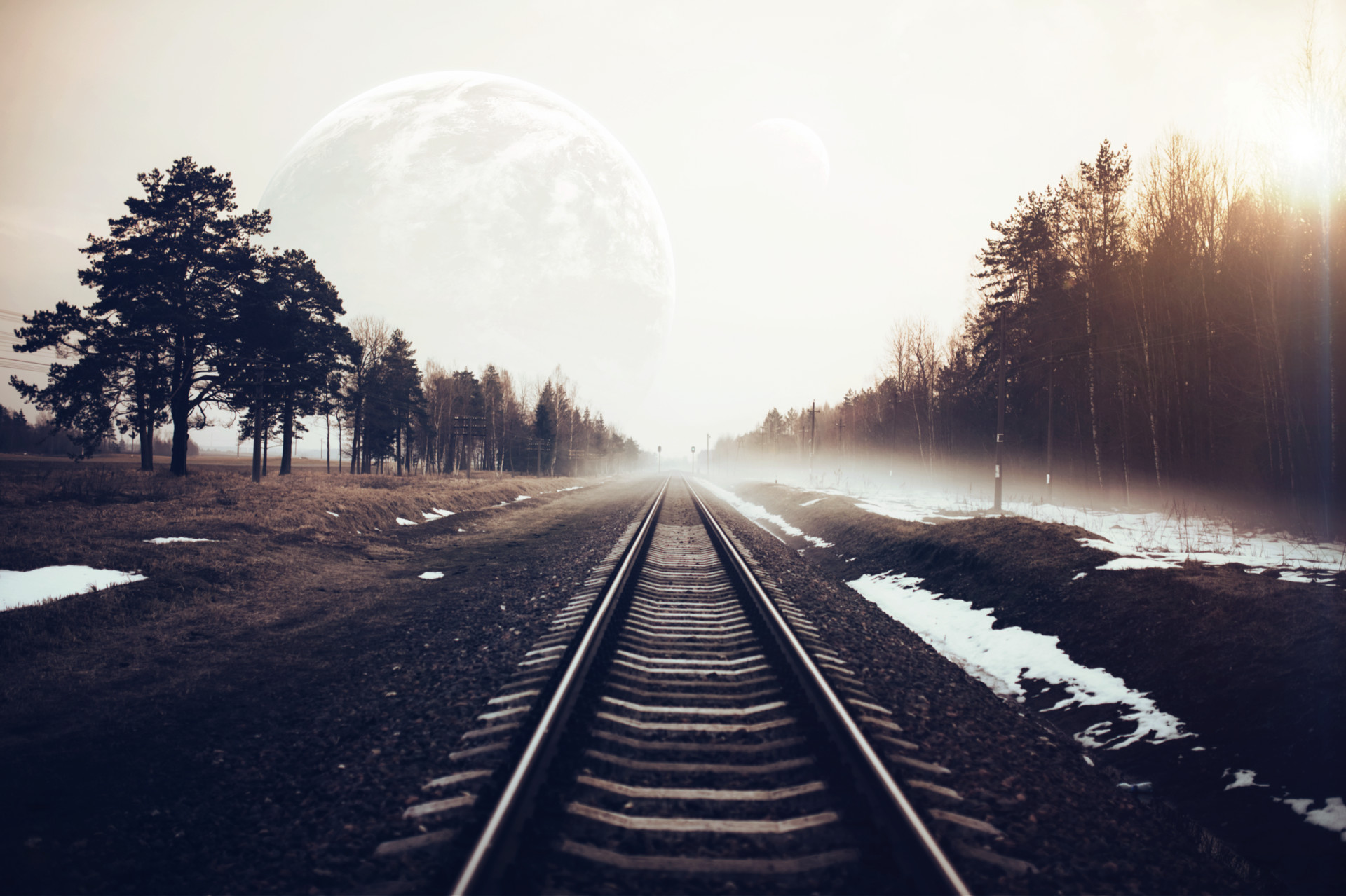 Vadim Sadovski's surreal railway landscape with planets HD Wallpaper