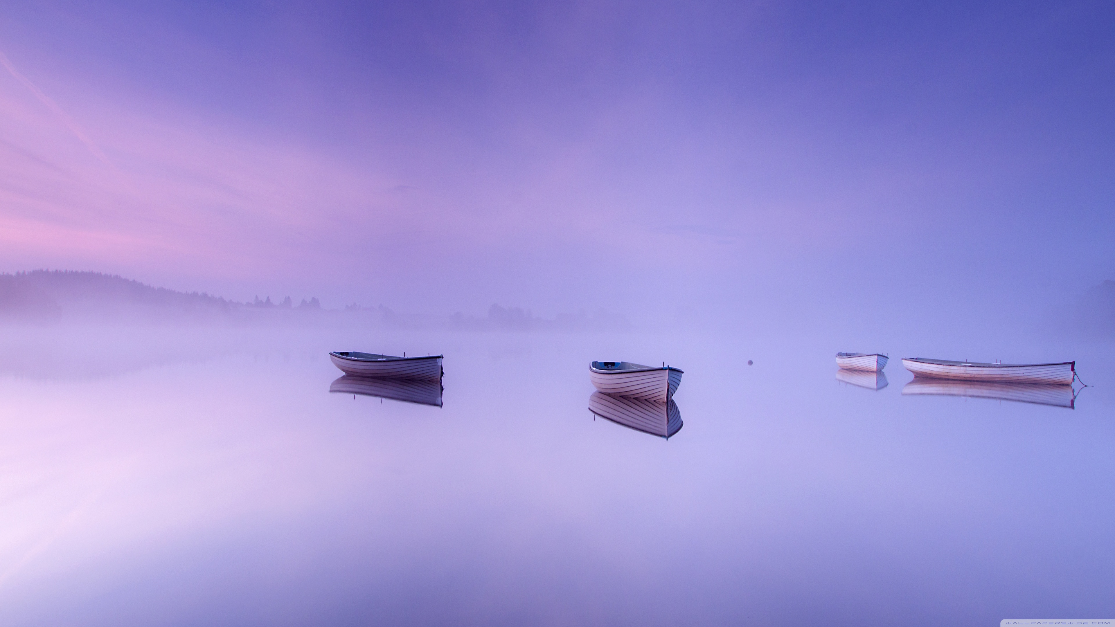 Three boats on a misty lake at sunrise HD Wallpaper
