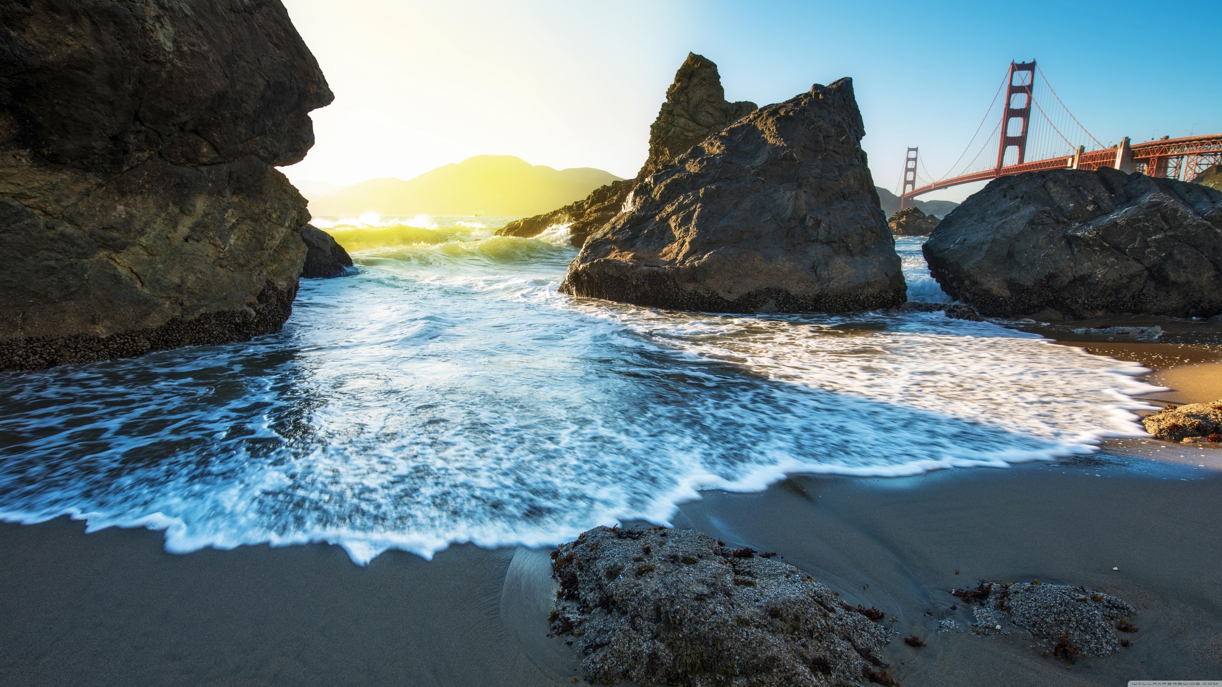 Golden Gate Bridge and Rocky Shoreline HD Wallpaper