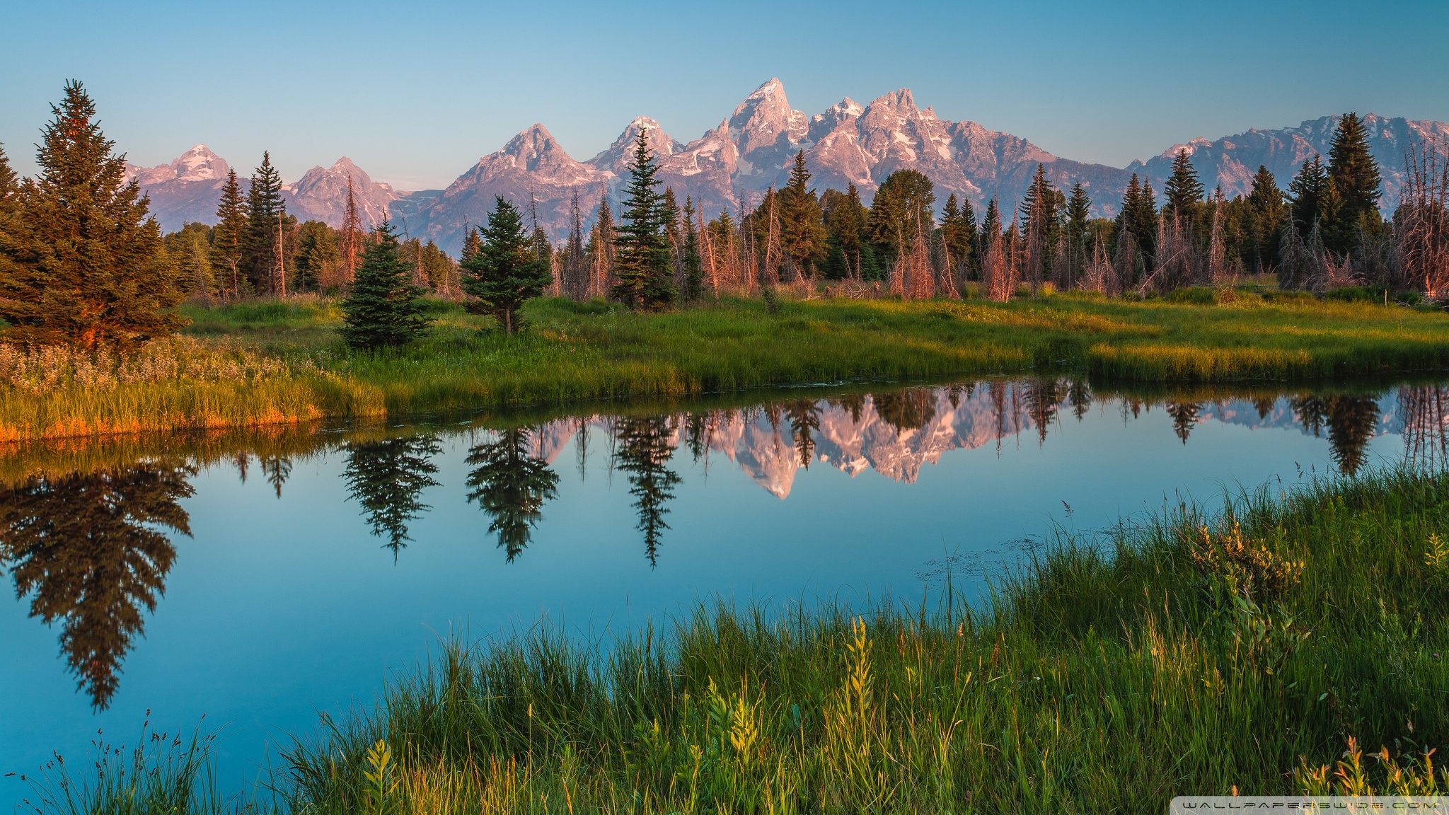 Grand Teton Mountains reflected in a calm river at sunrise HD Wallpaper