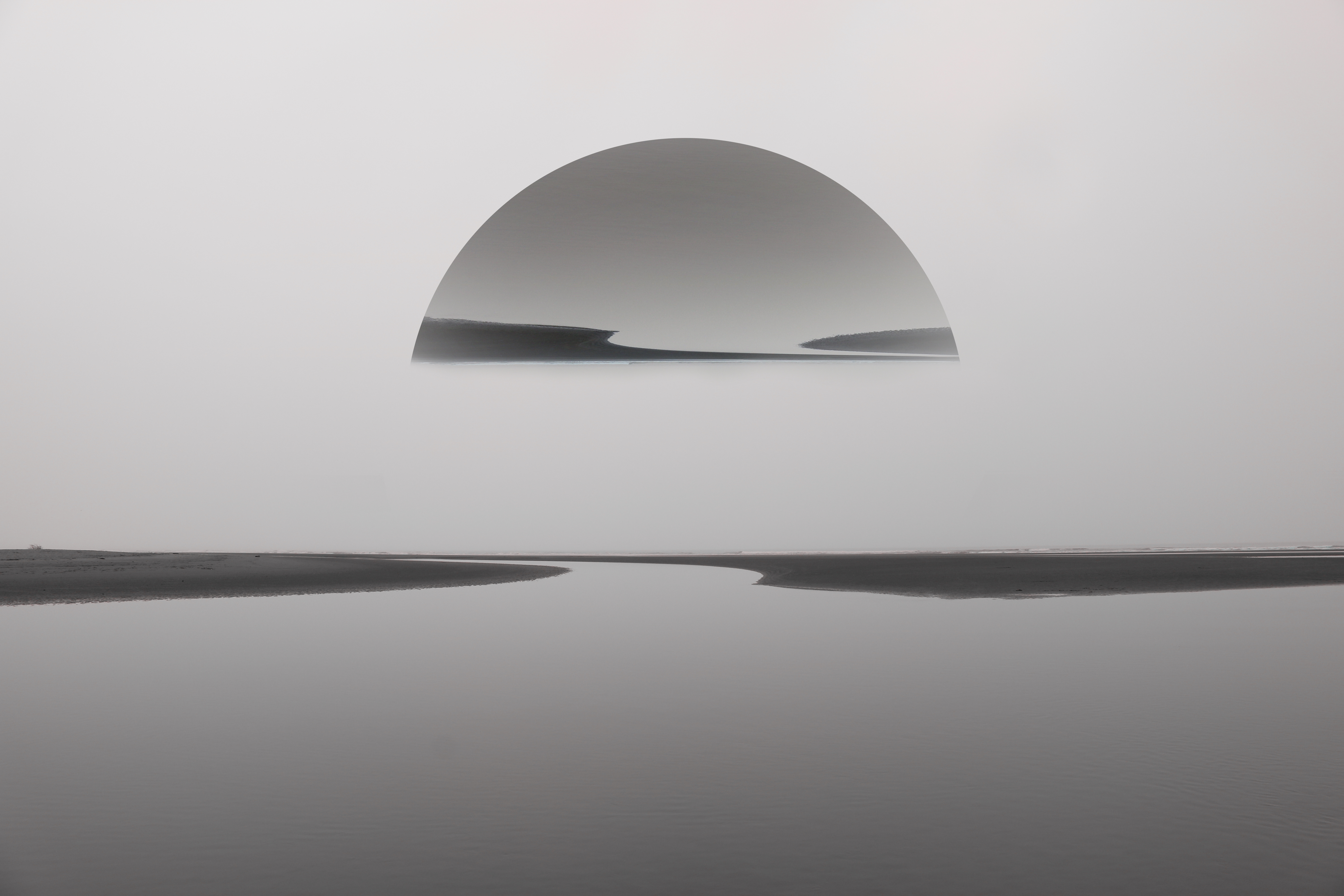 Monochrome landscape with reflection and semi-circle overlay HD Wallpaper