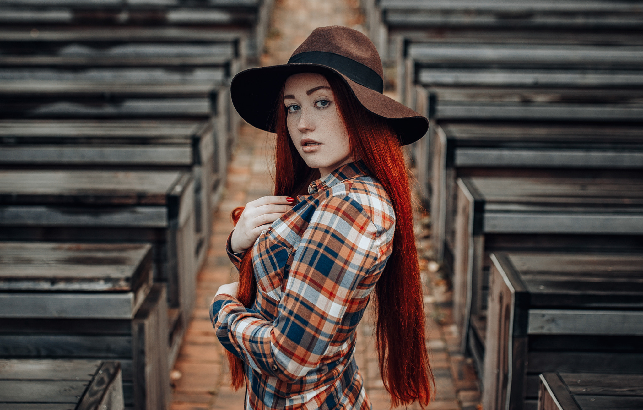 Redhead woman wearing a hat and plaid shirt HD Wallpaper