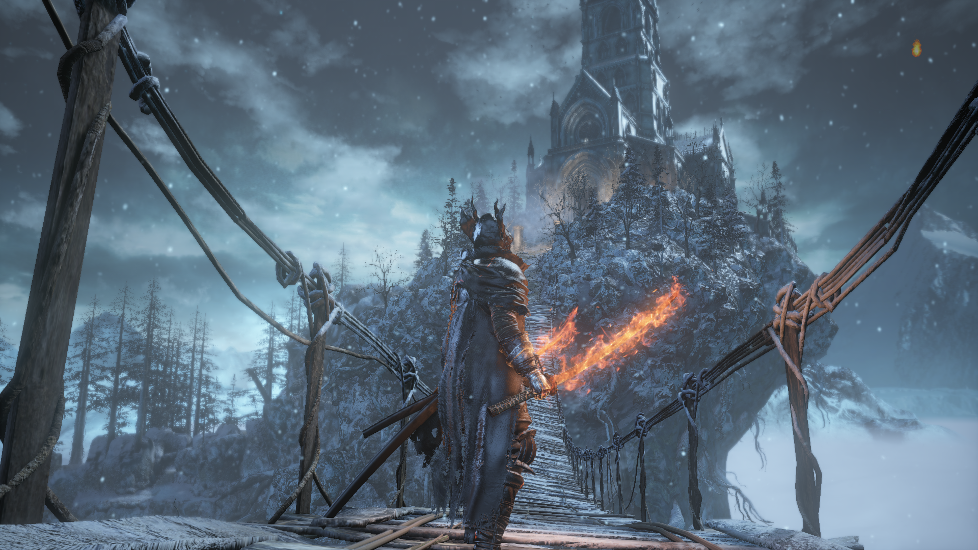 Dark Souls III character on a snowy bridge HD Wallpaper