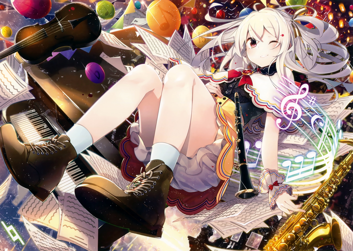 Anime girl with white hair playing clarinet and saxophone HD Wallpaper