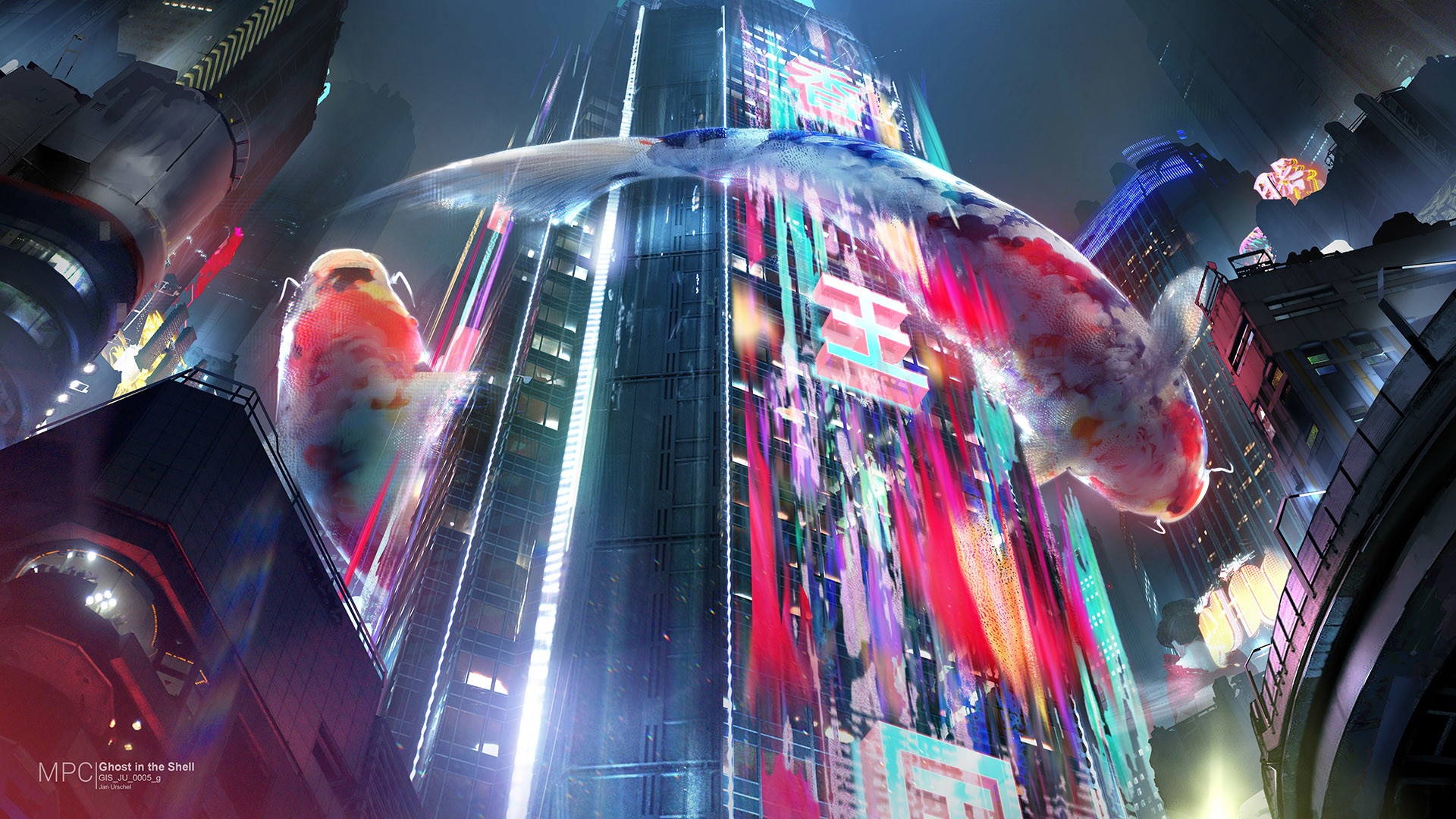 Ghost in the Shell futuristic city with koi fish HD Wallpaper