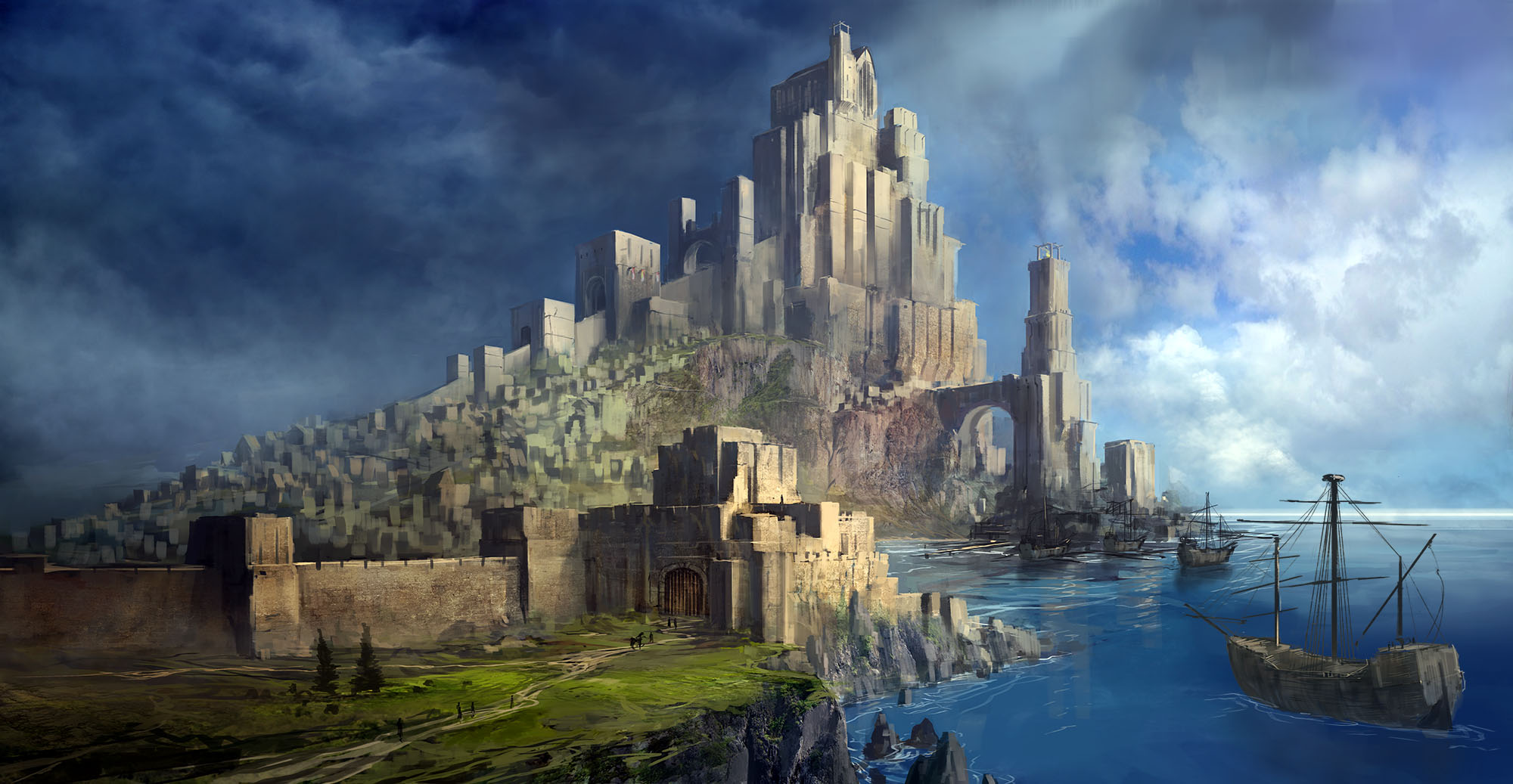Fantasy castle on a cliff overlooking the sea with sailing ships HD Wallpaper