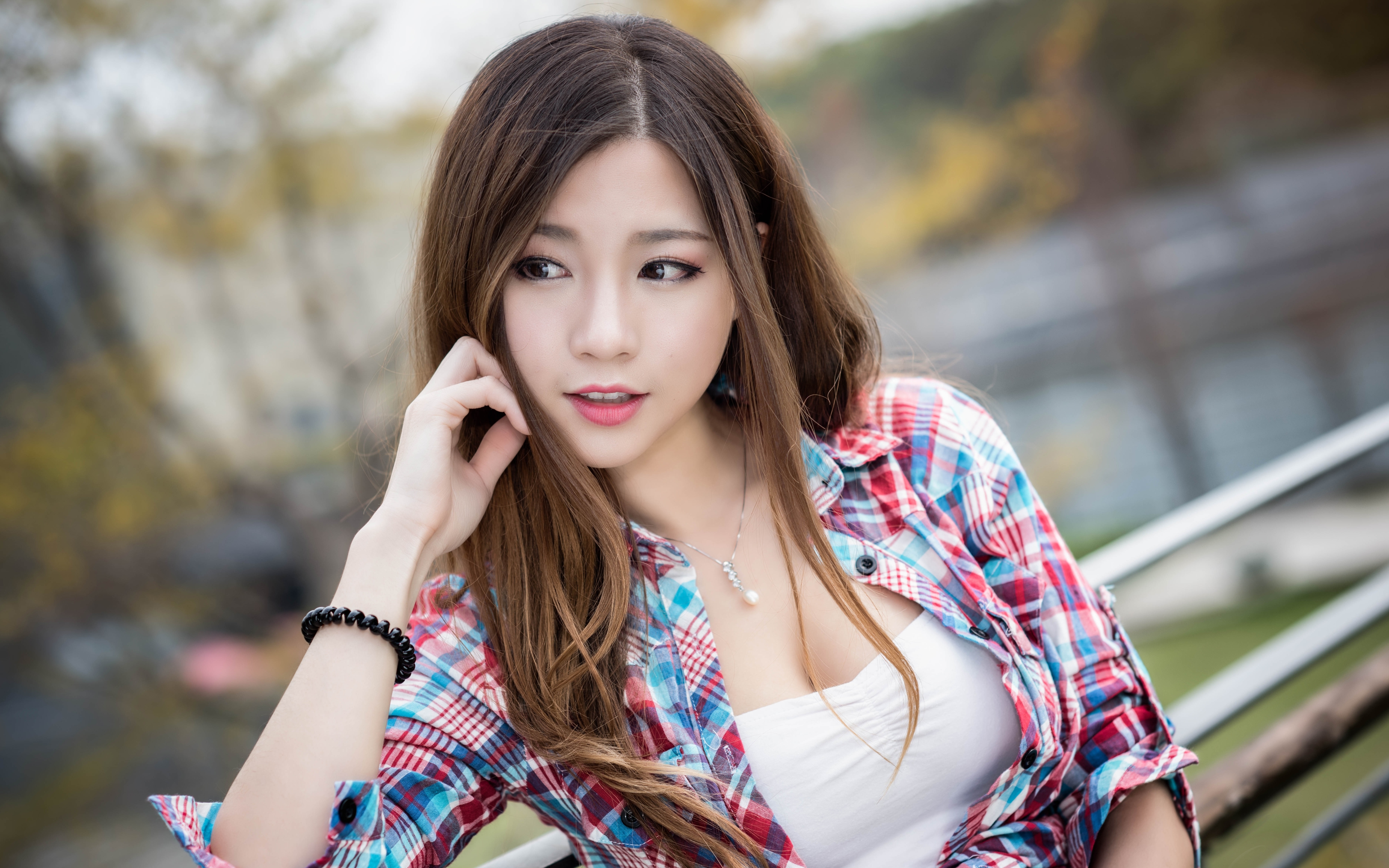 women outdoors, face, shirt, brown eyes, necklace, brunette, checkered, model, long hair, Asian, women HD Wallpaper