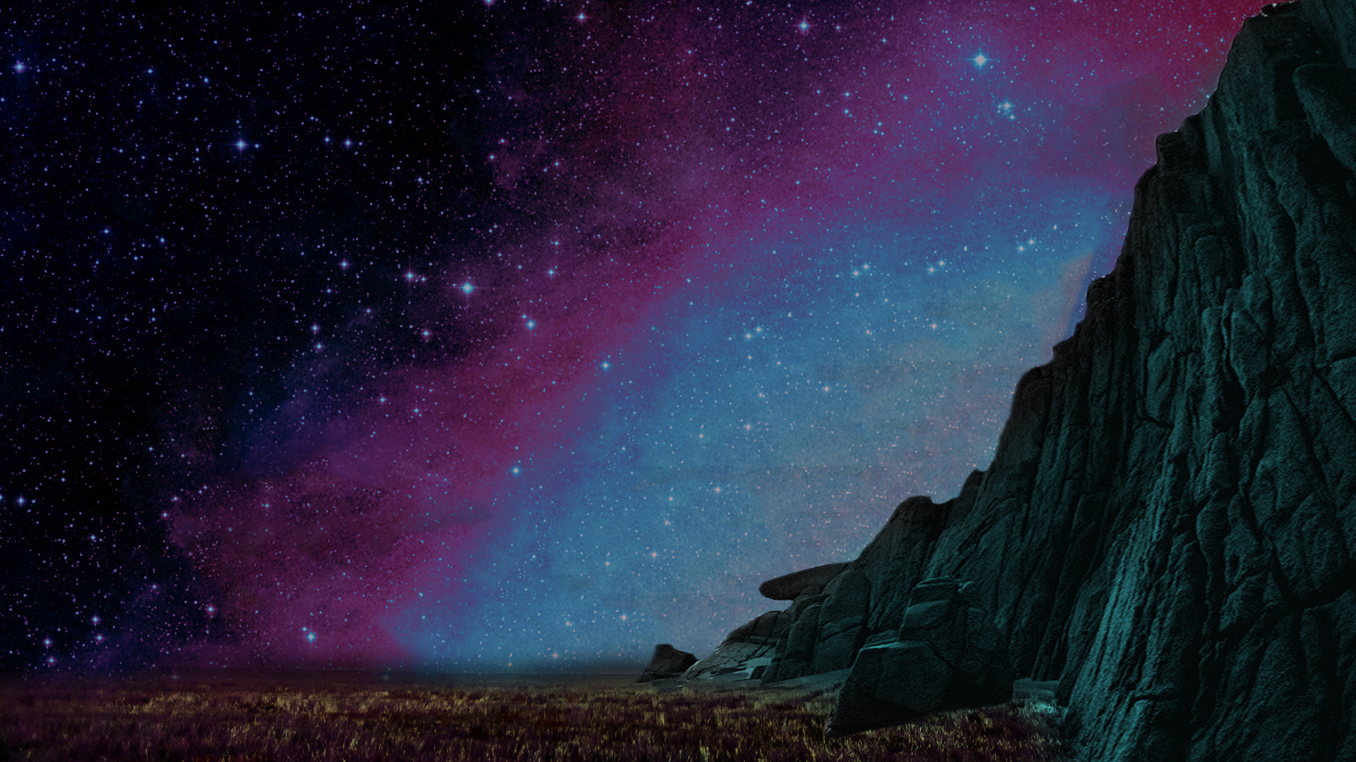 Rocky terrain under a colorful nebula and starry sky HD Wallpaper