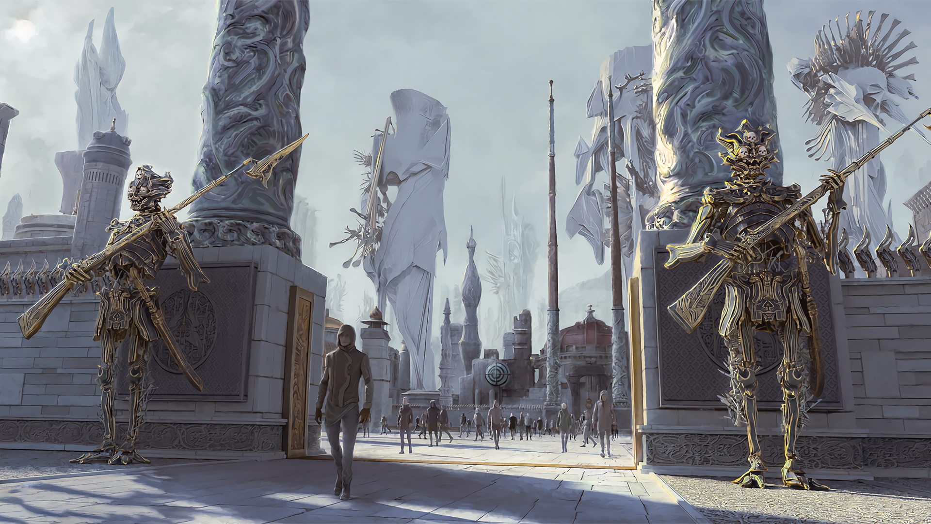 Science fiction city with statues and people HD Wallpaper
