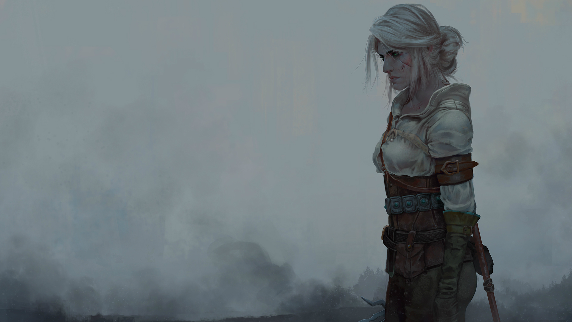 Ciri from The Witcher in a misty landscape HD Wallpaper