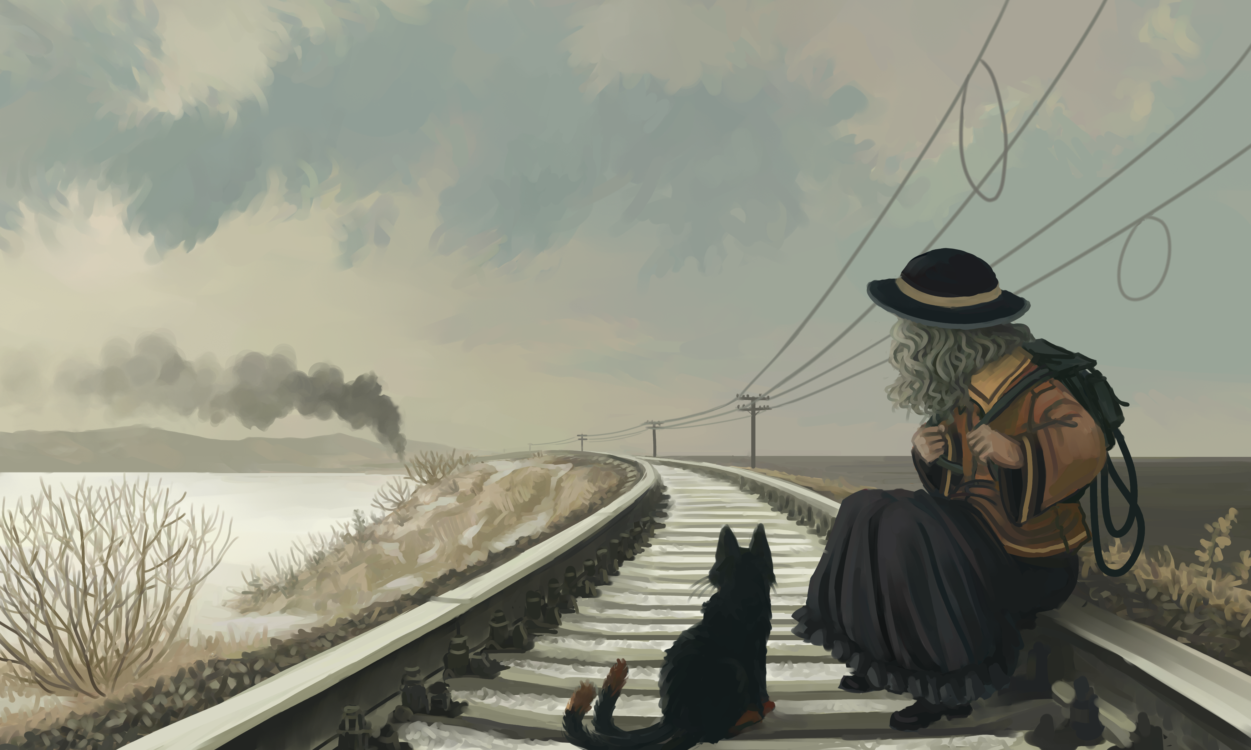 Woman and dog on train tracks with steam train HD Wallpaper