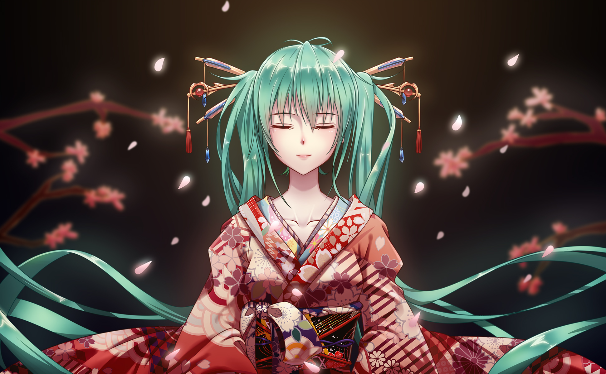Hatsune Miku in a Kimono with Cherry Blossoms HD Wallpaper