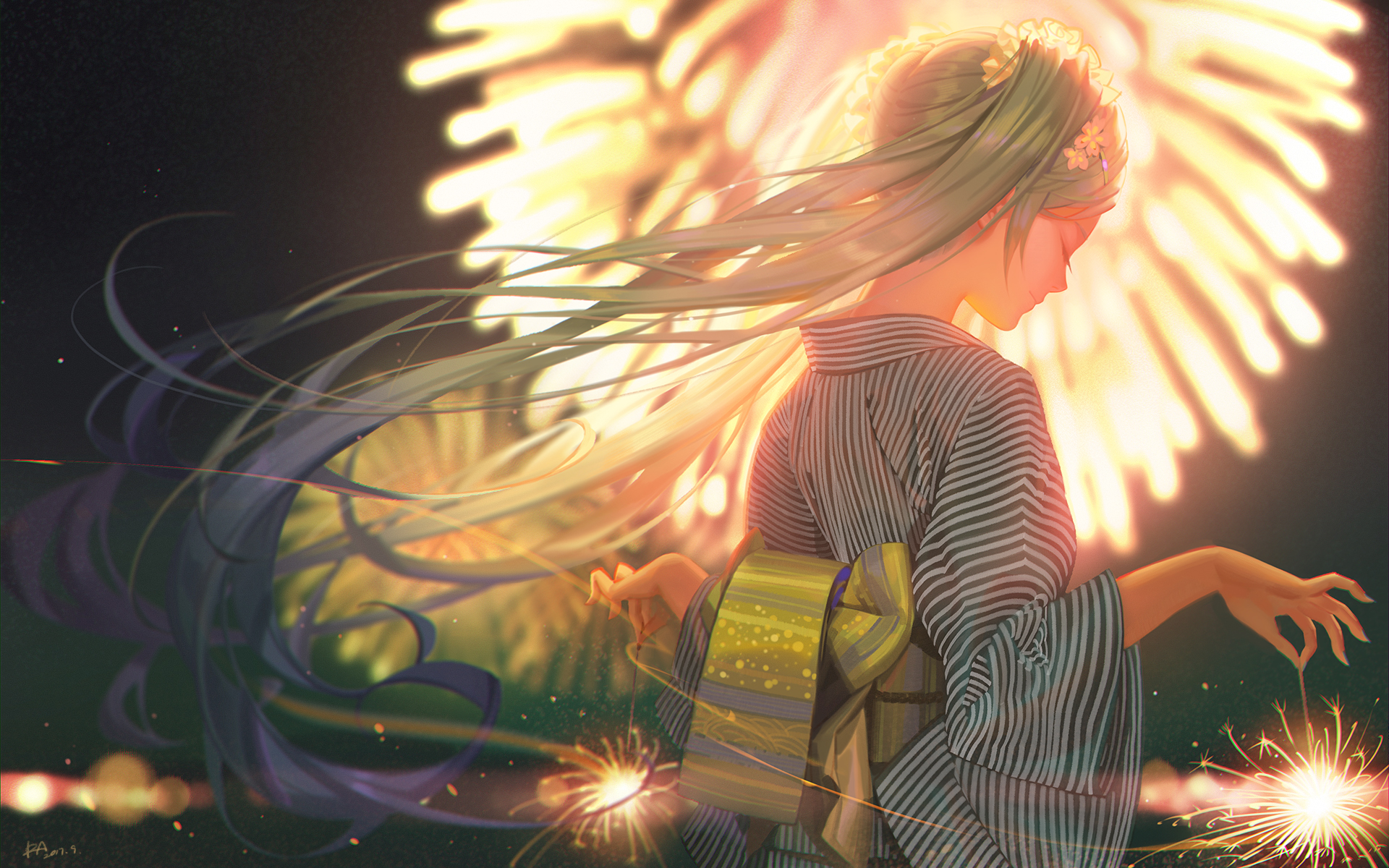 Hatsune Miku in Yukata with Sparklers and Fireworks HD Wallpaper