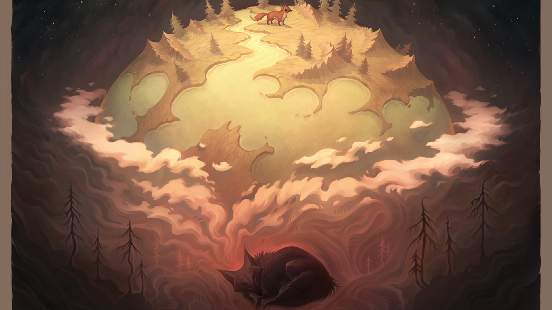 Fox on a floating island above a sleeping wolf HD Wallpaper