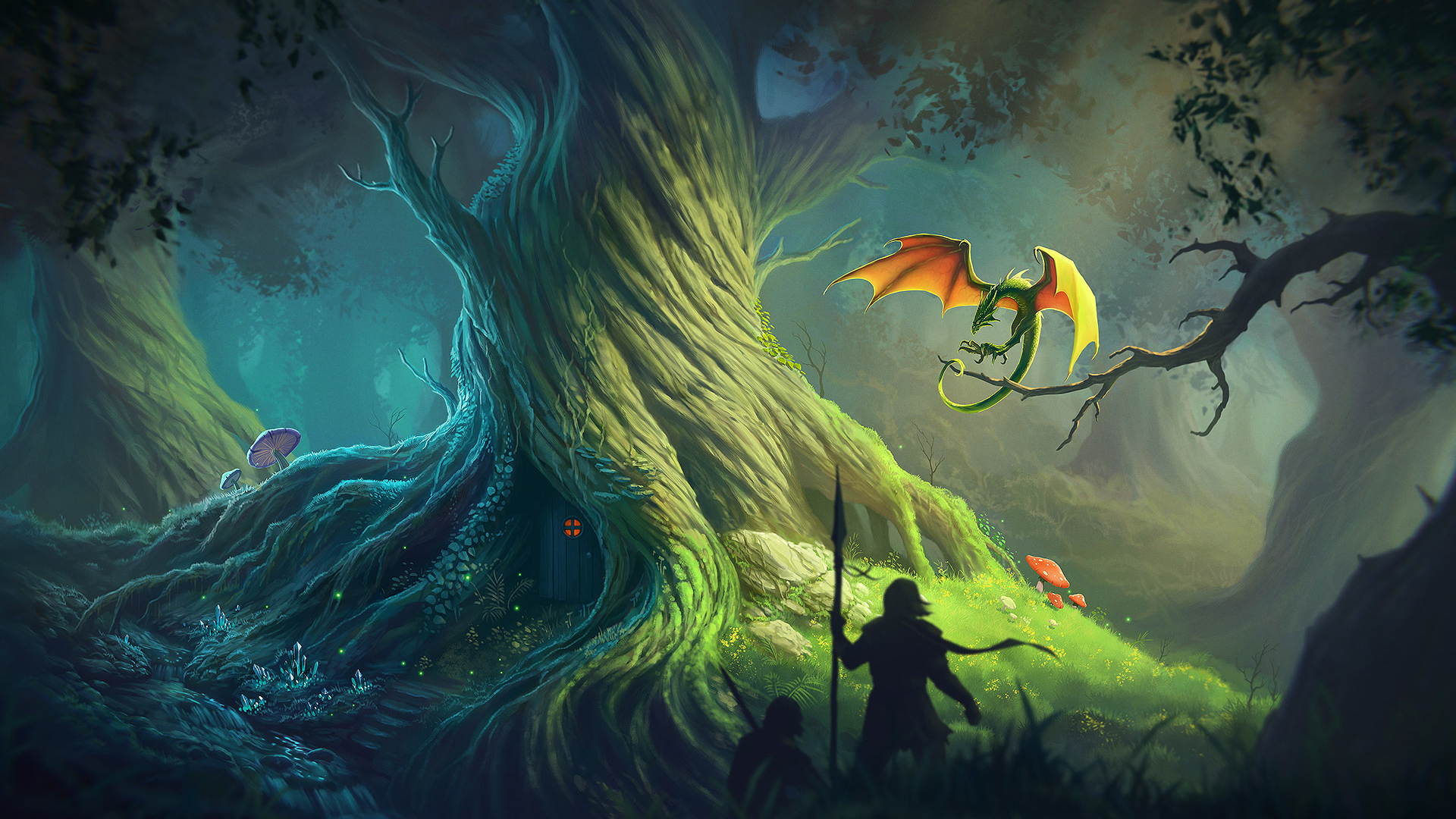Fantasy forest with a dragon and two figures HD Wallpaper