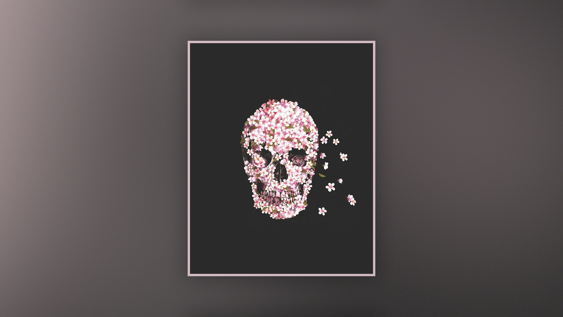 Skull made of pink flowers on a black background HD Wallpaper