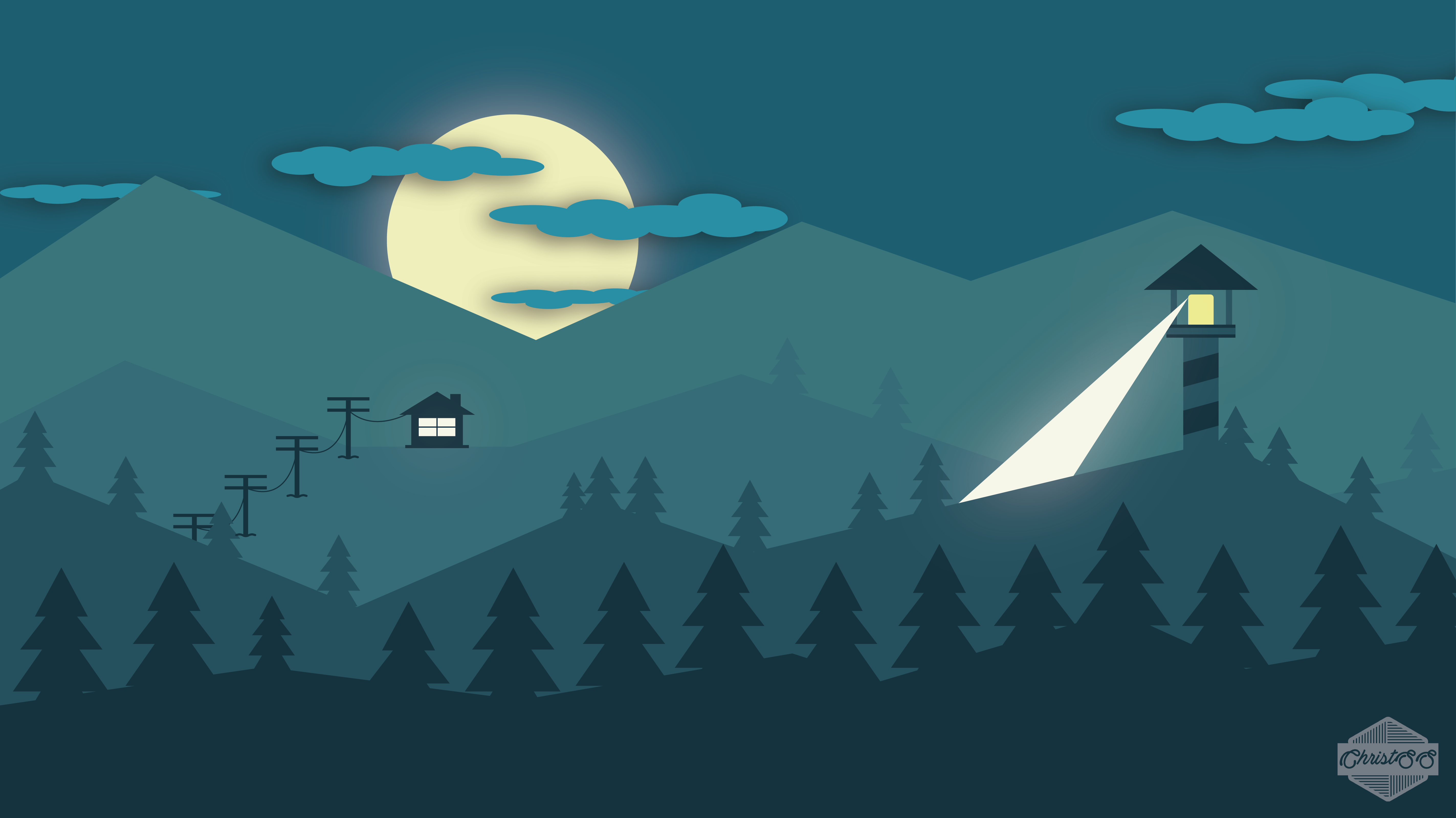 Minimalist mountain landscape with lighthouse and moon HD Wallpaper