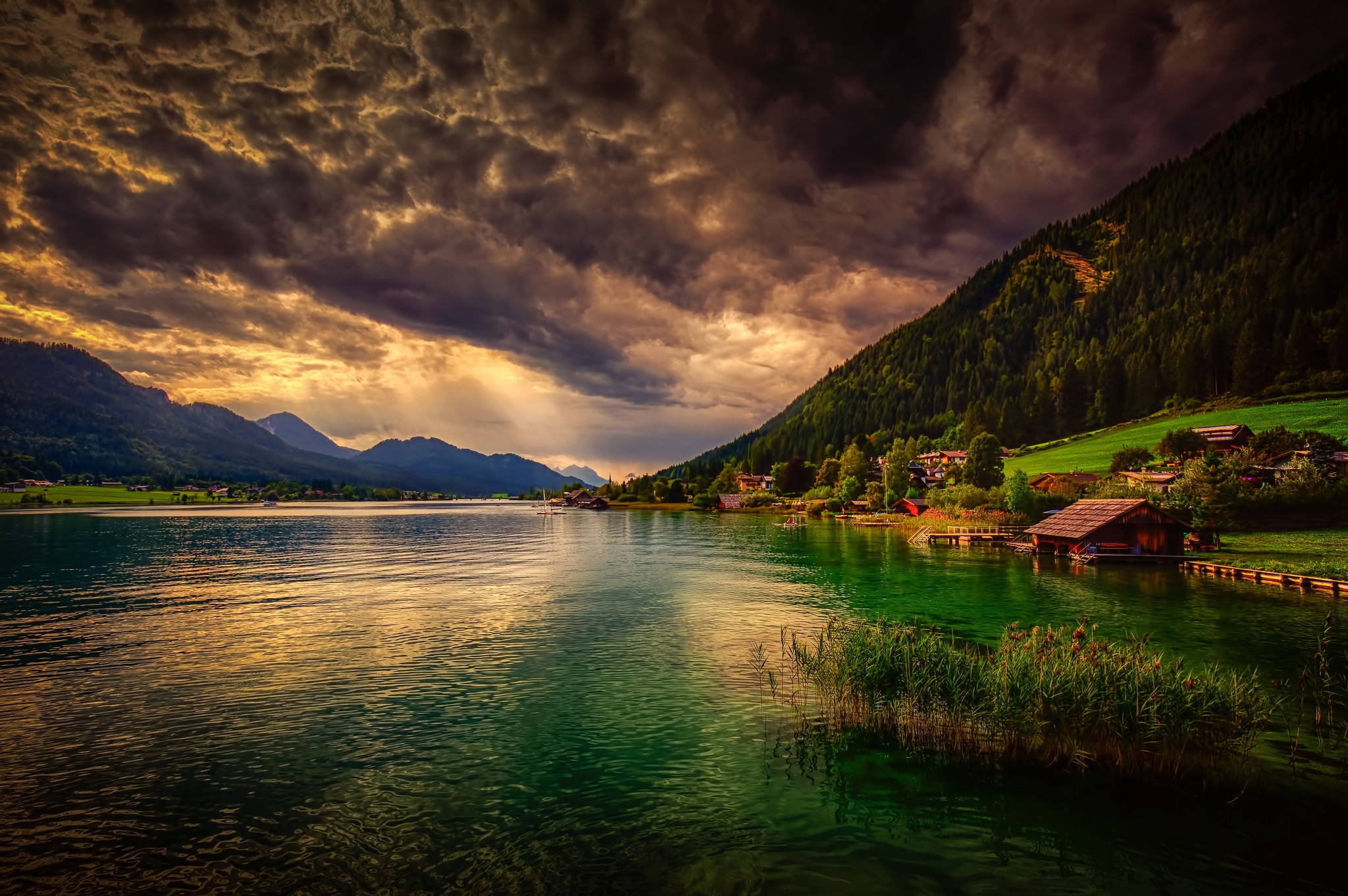 Lake and mountains with dramatic clouds HD Wallpaper