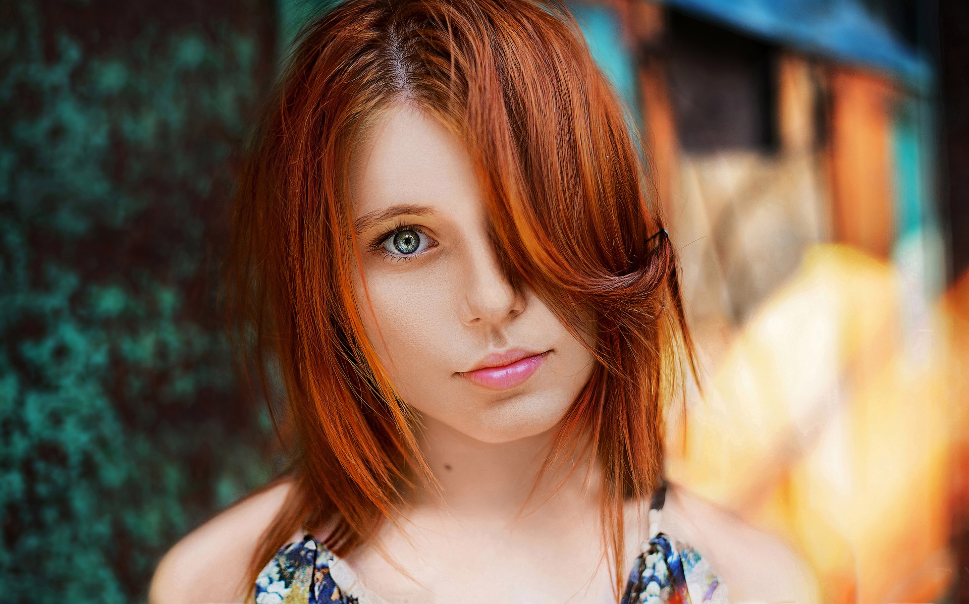 Portrait of a young redhead woman with blue eyes HD Wallpaper