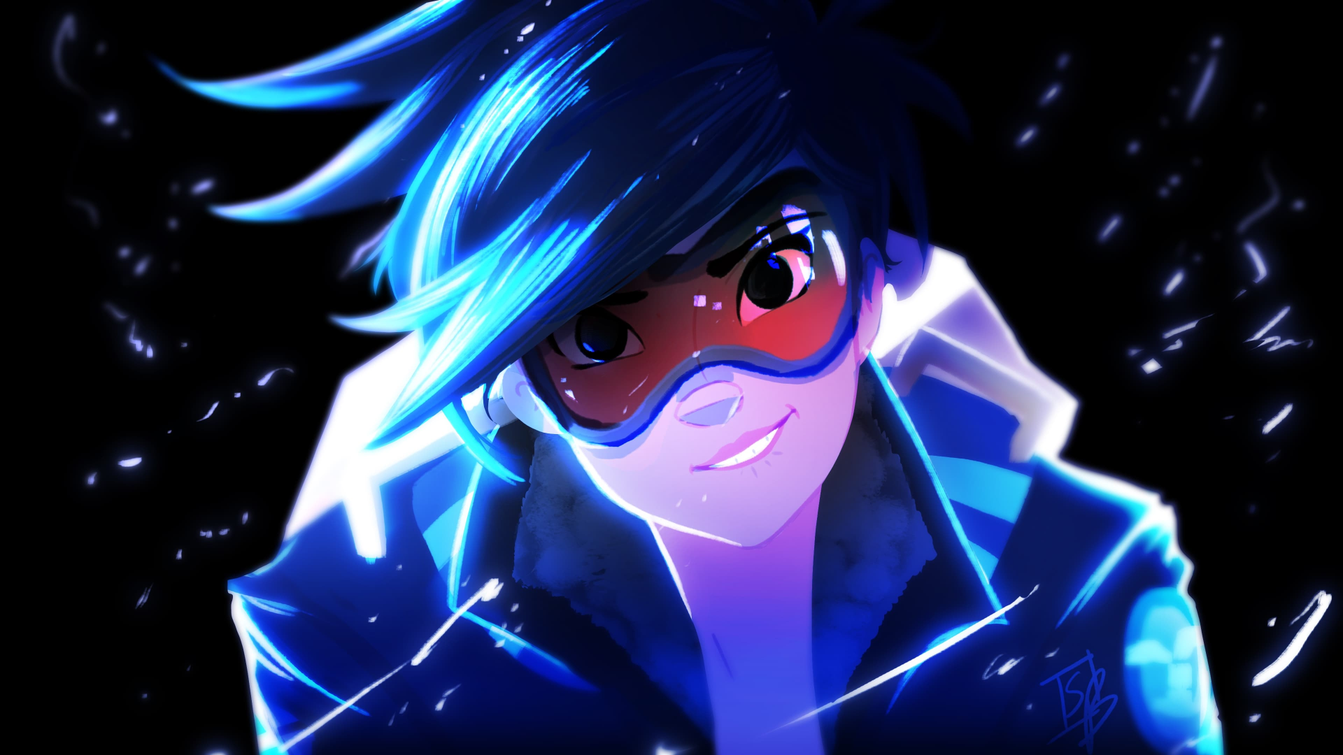Tracer from Overwatch with blue glowing effects HD Wallpaper