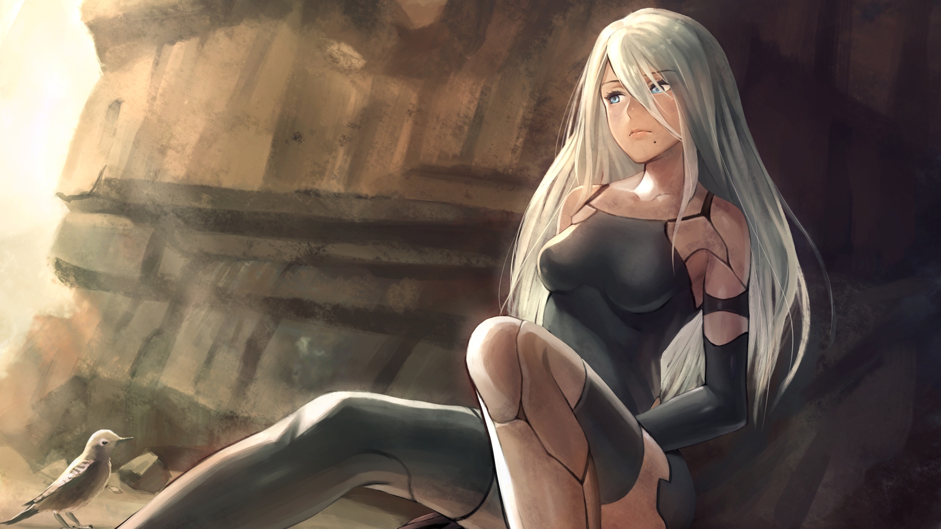 A2 from Nier: Automata sitting near rocks with a bird HD Wallpaper