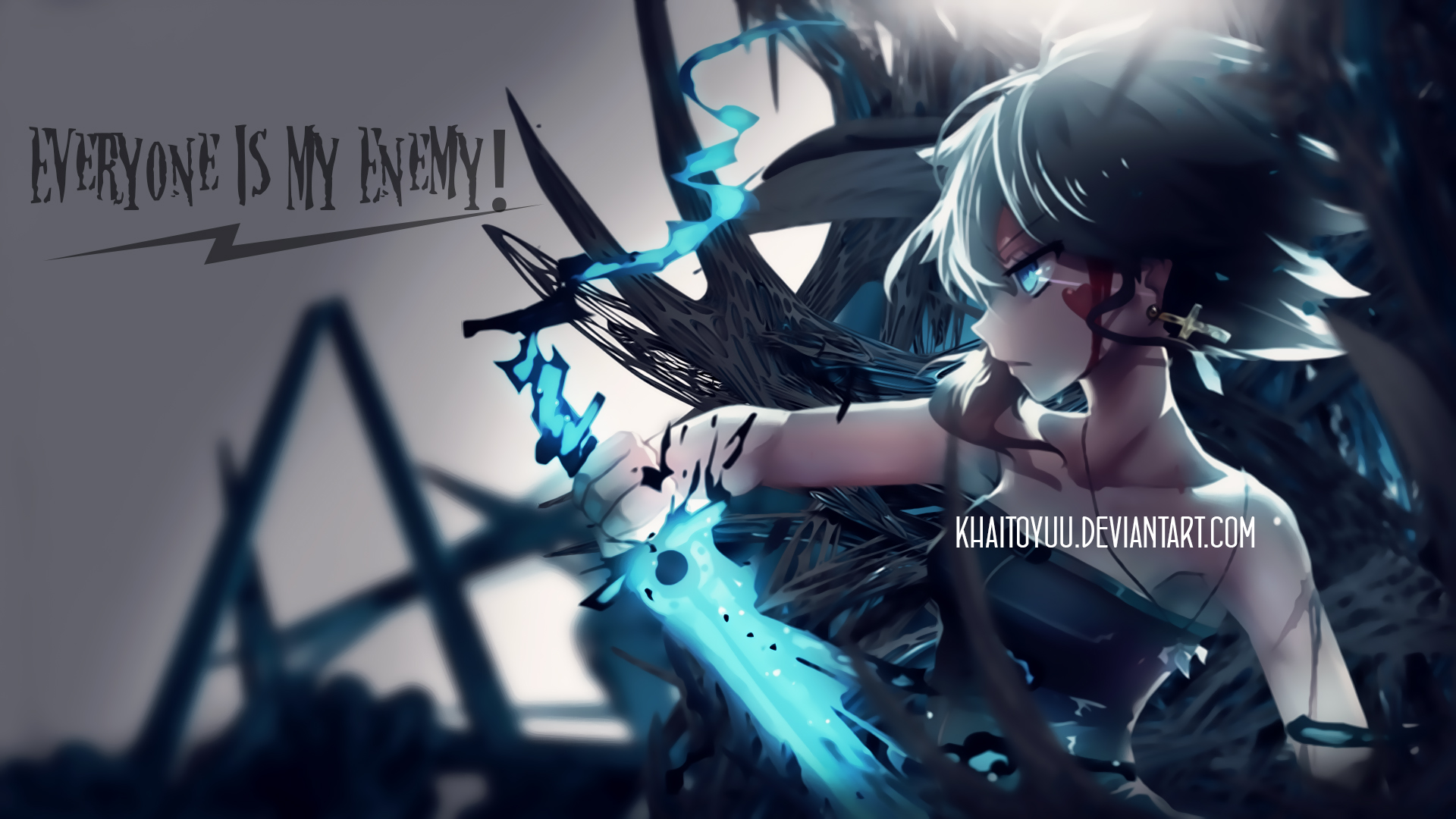 Anime girl with glowing sword and text HD Wallpaper