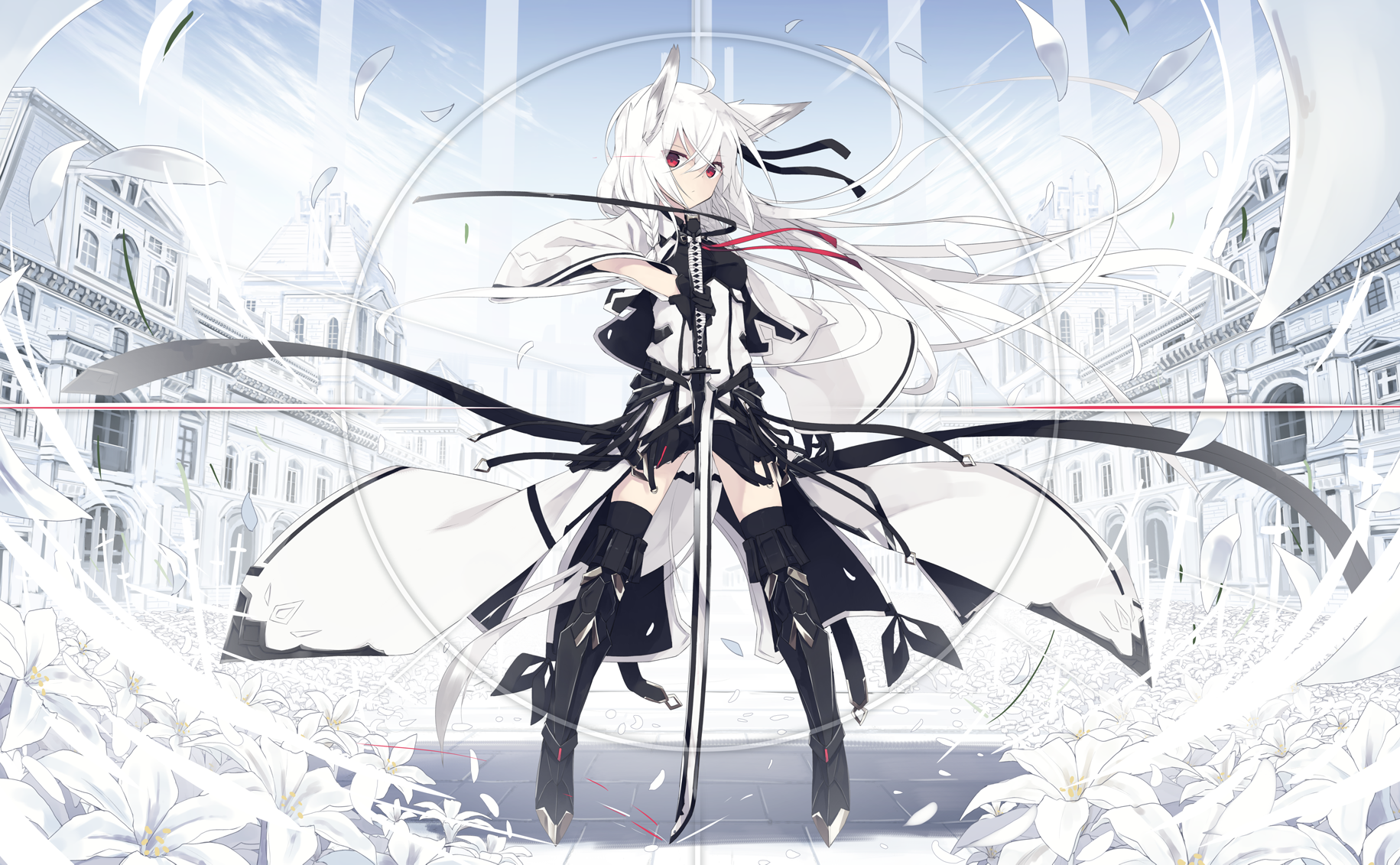Anime girl with white hair and fox ears holding a sword HD Wallpaper