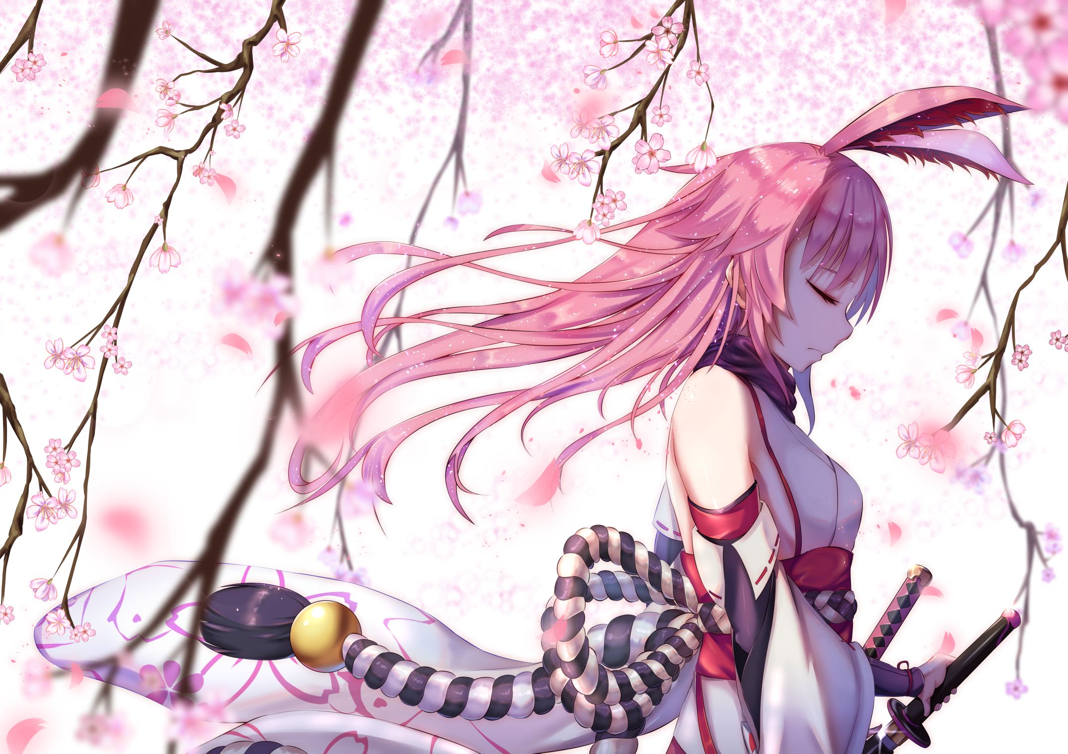 Anime girl with pink hair and animal ears holding katanas HD Wallpaper