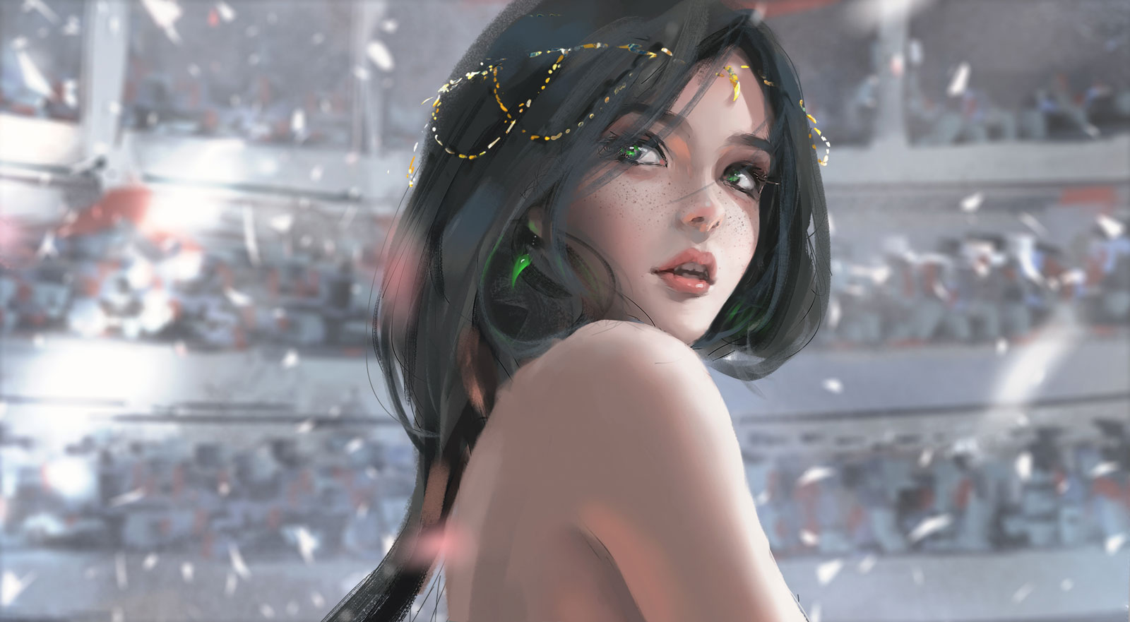 realistic, long hair, green  eyes, WLOP, black hair, headdress, Ghostblade HD Wallpaper