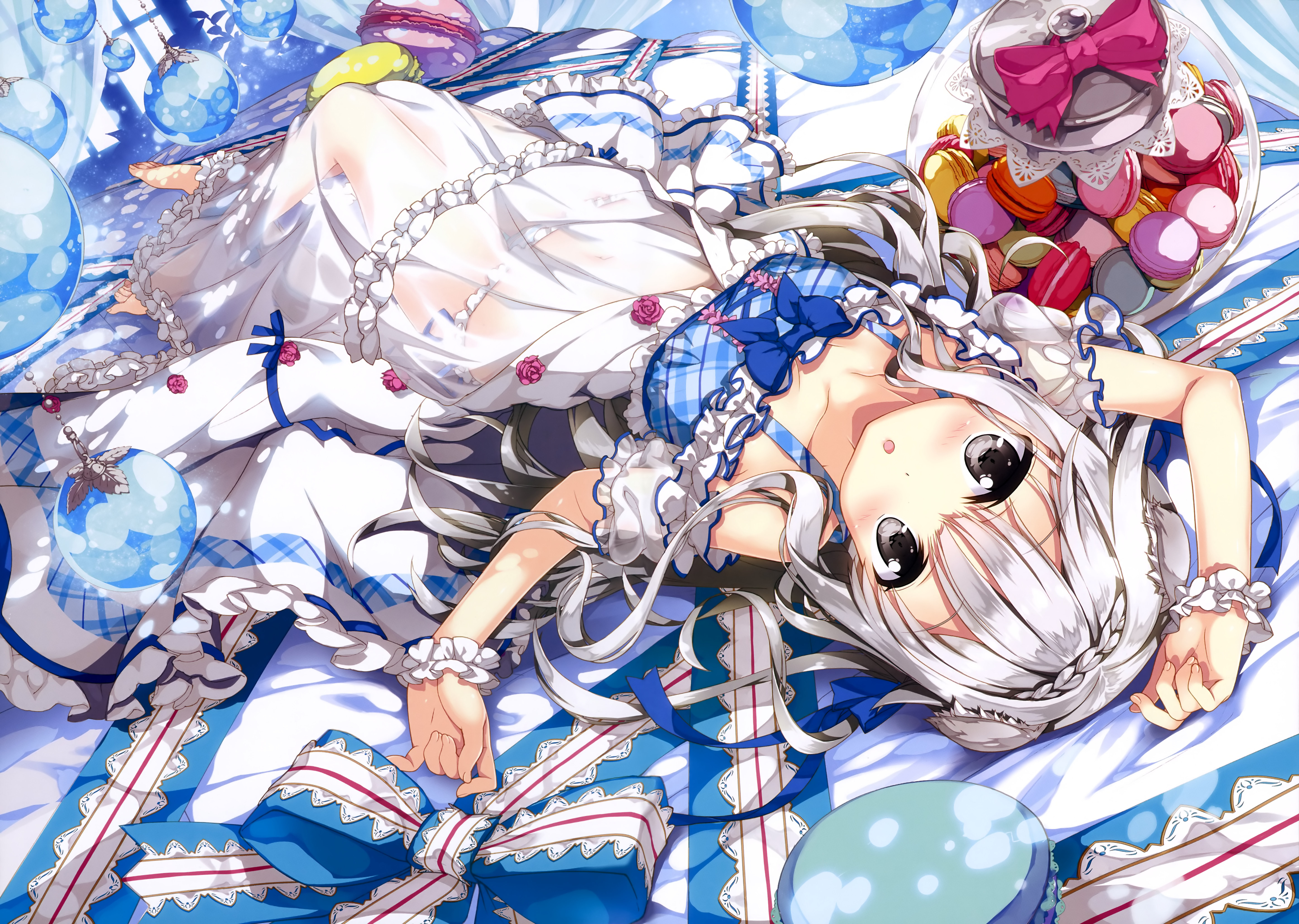 Anime girl in white dress with blue ribbons and macarons HD Wallpaper