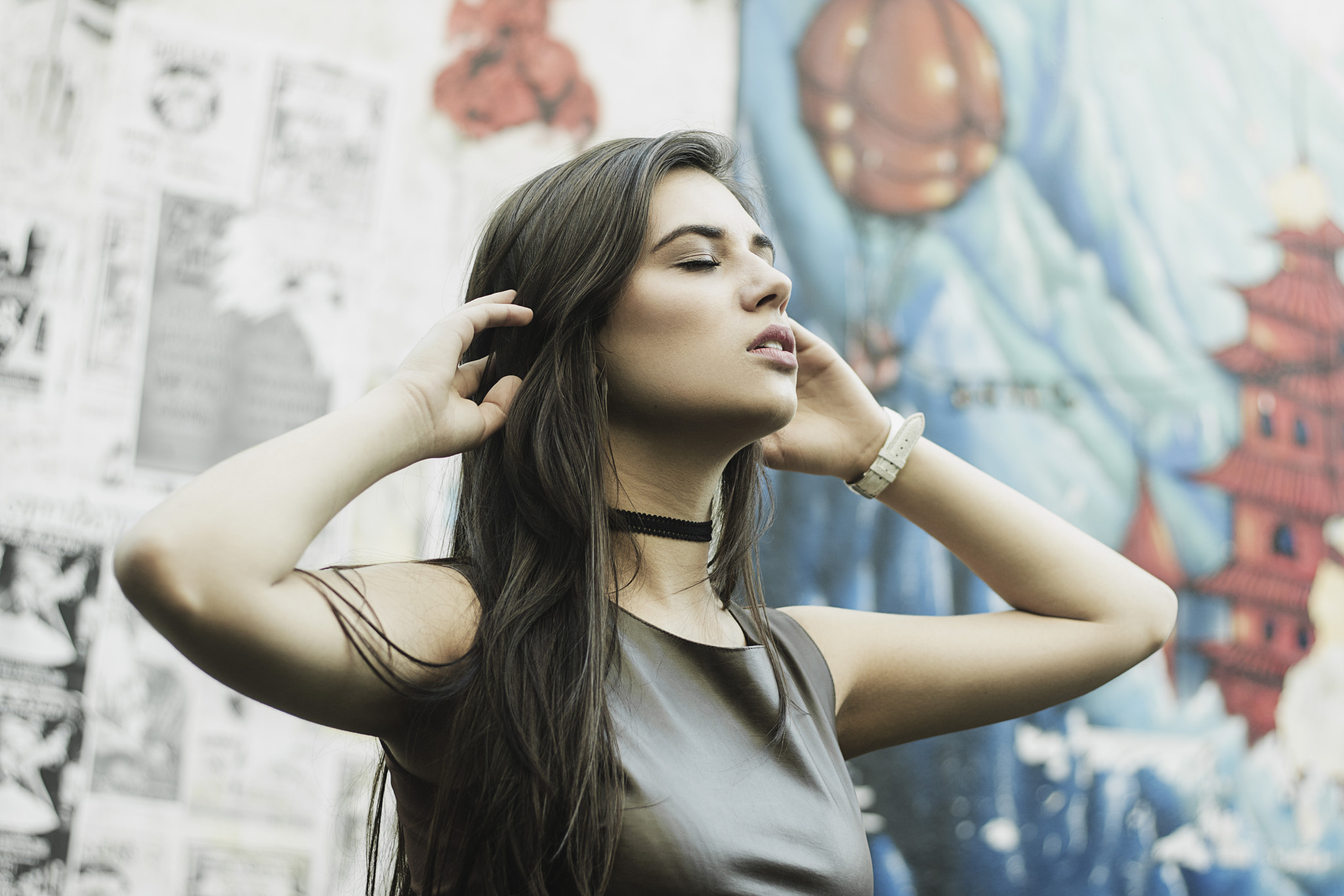Woman with hands in hair wearing choker HD Wallpaper