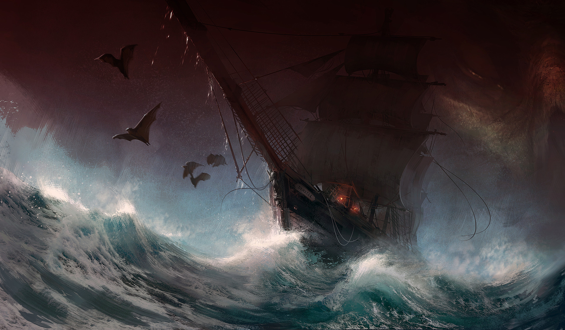 Joakim Ericsson's digital art of a ship in a storm with bats HD Wallpaper