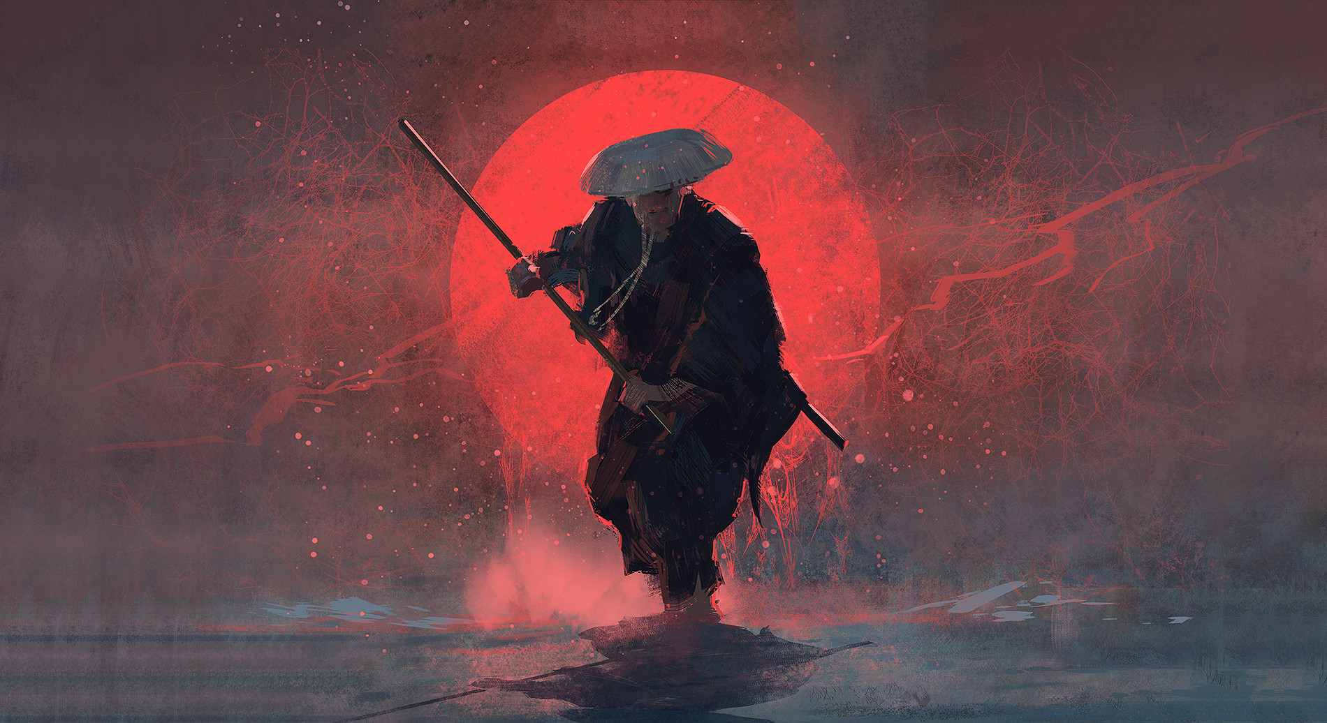 Samurai with a staff in front of a red sun HD Wallpaper