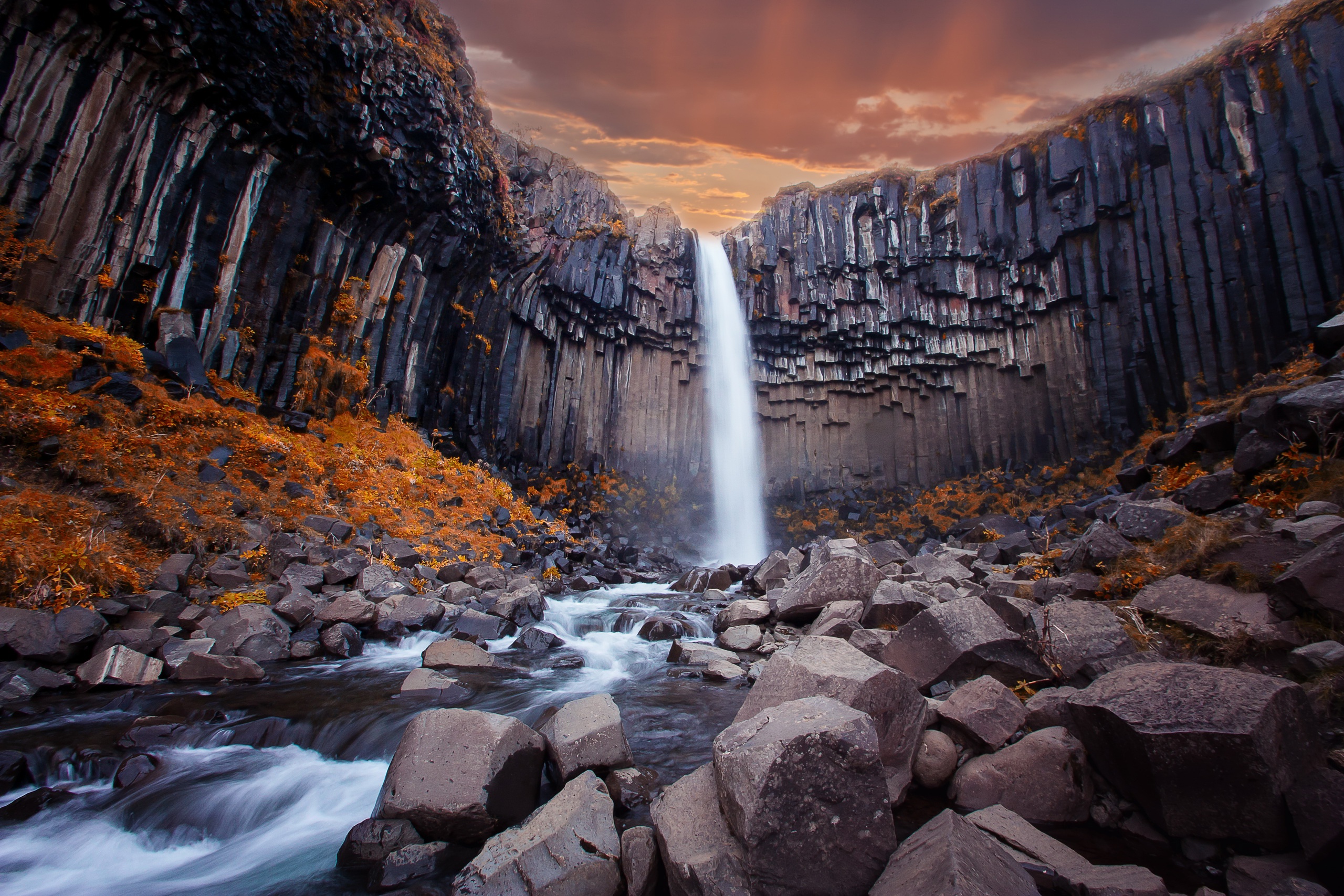 Svartifoss waterfall with basalt columns and autumn foliage HD Wallpaper