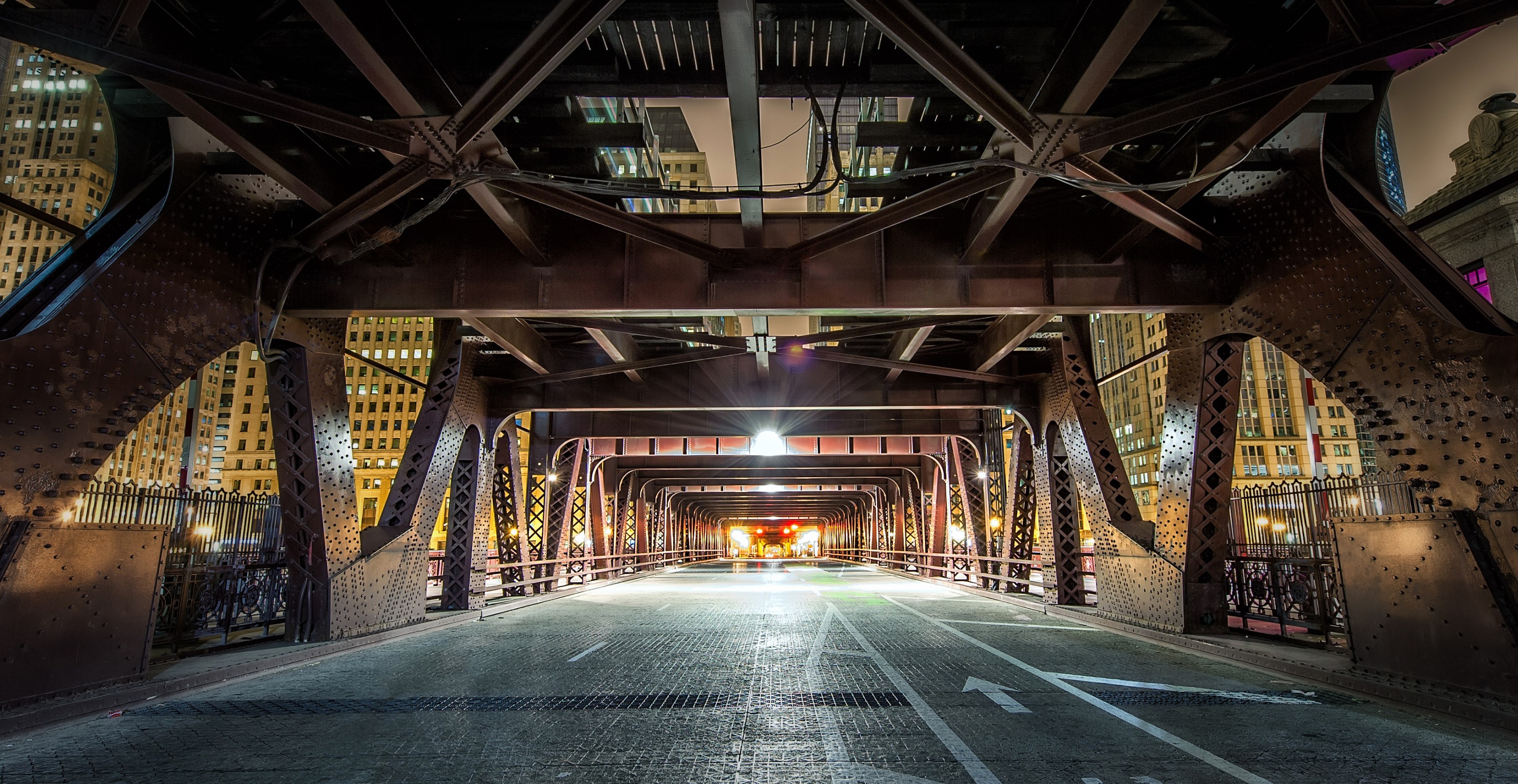 Chicago bridge at night with city buildings HD Wallpaper